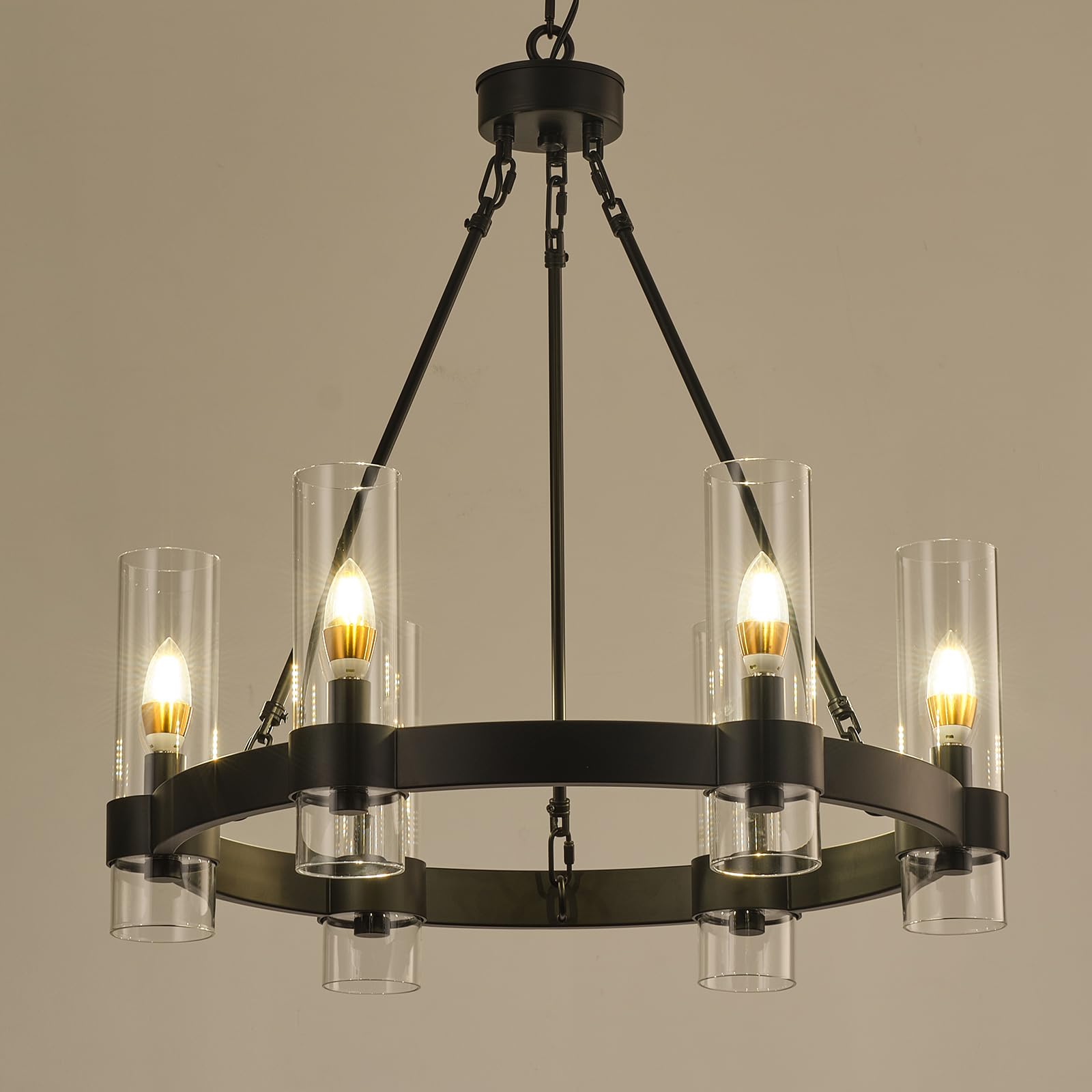 Black Wagon Wheel Chandelier - Modern 6-Light Large Round Farmhouse Chandelier with Glass Shade for Dining Room, Living Room, Bedroom & Entryway | Perfect for Rustic Home Decor & Country Style Interiors