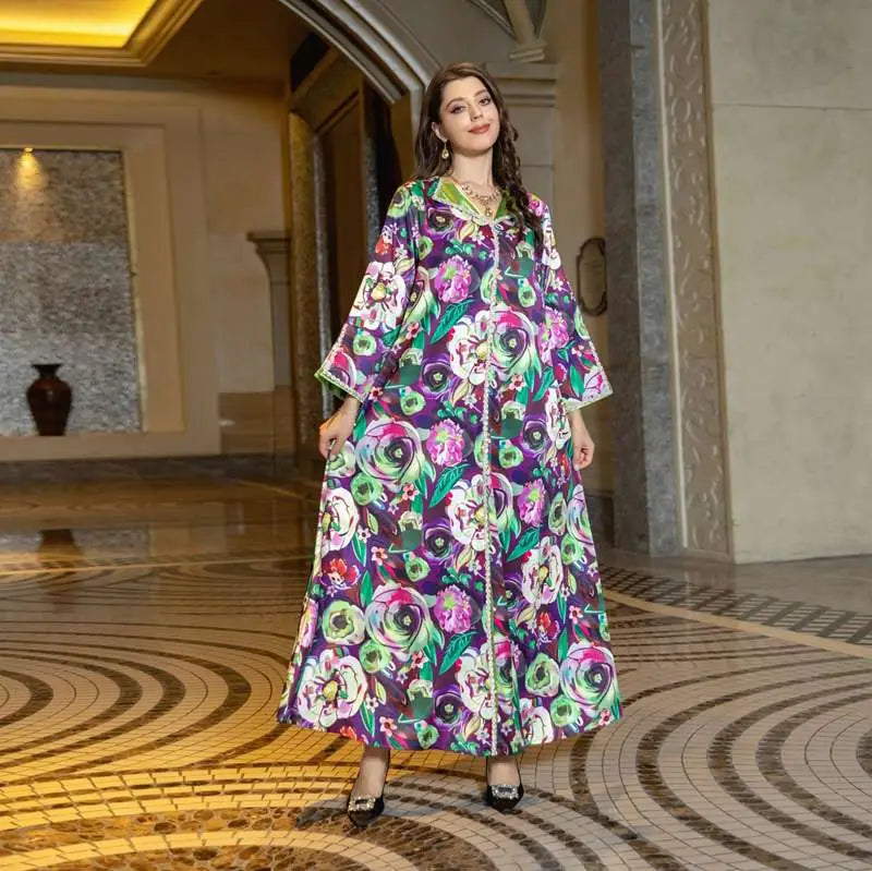 Elegant Hotfix Rhinestone Printed Kaftan Dress for Women - Eid Celebration, Party & Casual Wear - Perfect for Festivals, Weddings and Summer Vacations