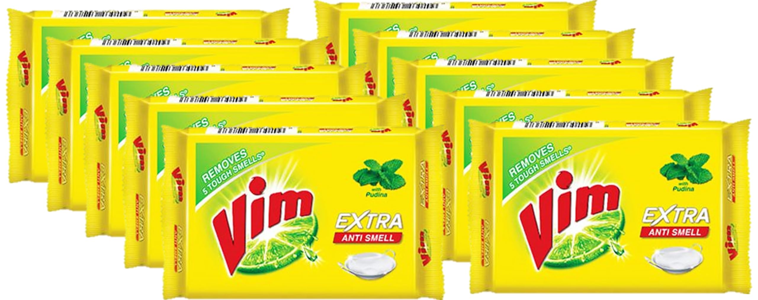 Vim Extra Anti Odor Dishwashing Bar with Mint, 110g (Pack of 10) - Powerful Stain Removal for Tough Grease & Kitchen Cleaning | Ideal for Daily Dishwashing & Household Chores