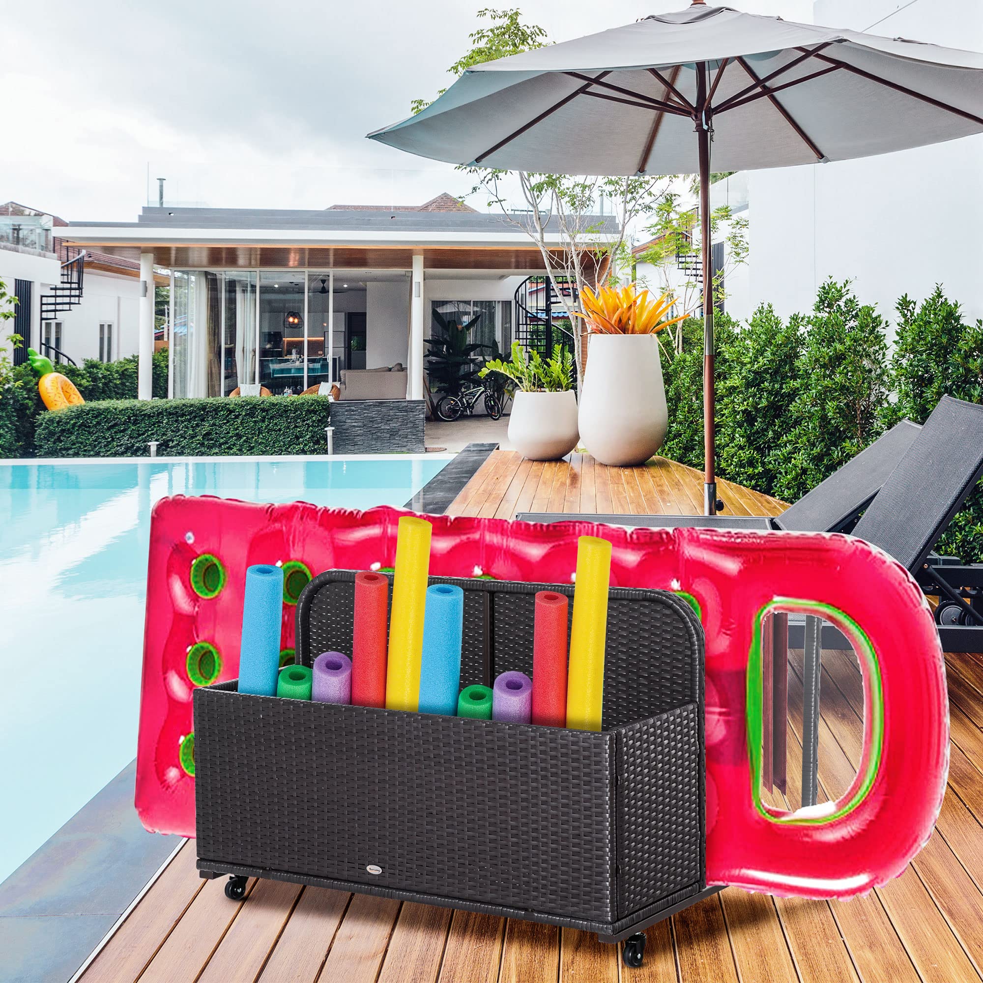 Outsunny PE Rattan Pool Float Storage Basket with Wheels - Brown Wicker Patio Caddy for Pool Toys, Floaties, Noodles & Beach Gear | Perfect for Backyard, Poolside & Beach Storage Organization