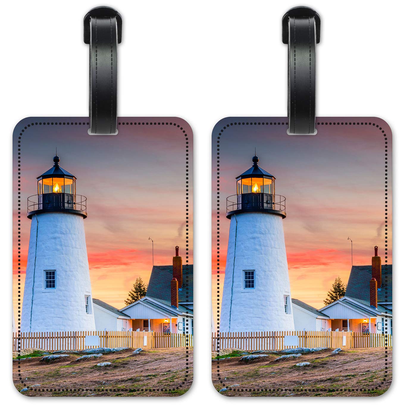 Sunset Lighthouse Luggage ID Tags - 2-Pack Personalized Suitcase Identification Cards for Travel & Vacation - Durable & Stylish for Airports & Cruises