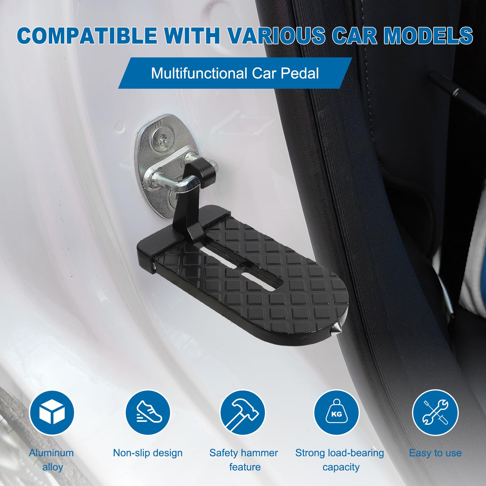 2 in 1 Car Door Step & Emergency Hammer - Universal Foldable Roof Access Hook for Most Vehicles - Perfect for Car Roof Cleaning, Camping Gear Loading, and Emergency Escape Scenarios
