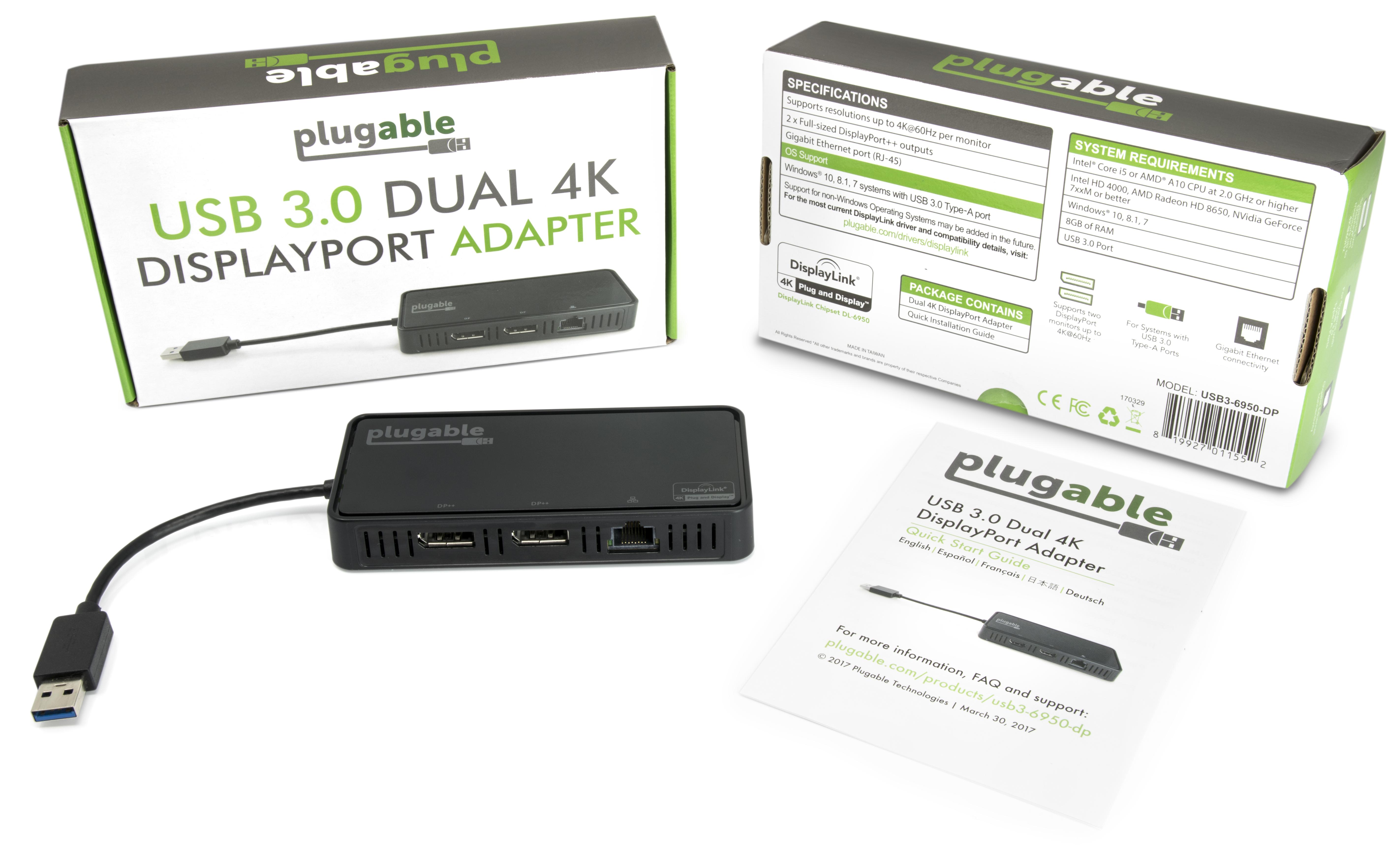 Plugable USB 3.0 to Dual 4K DisplayPort & Gigabit Ethernet Adapter - Connect Dual Monitors & Wired Network for Home Office, Gaming & Productivity