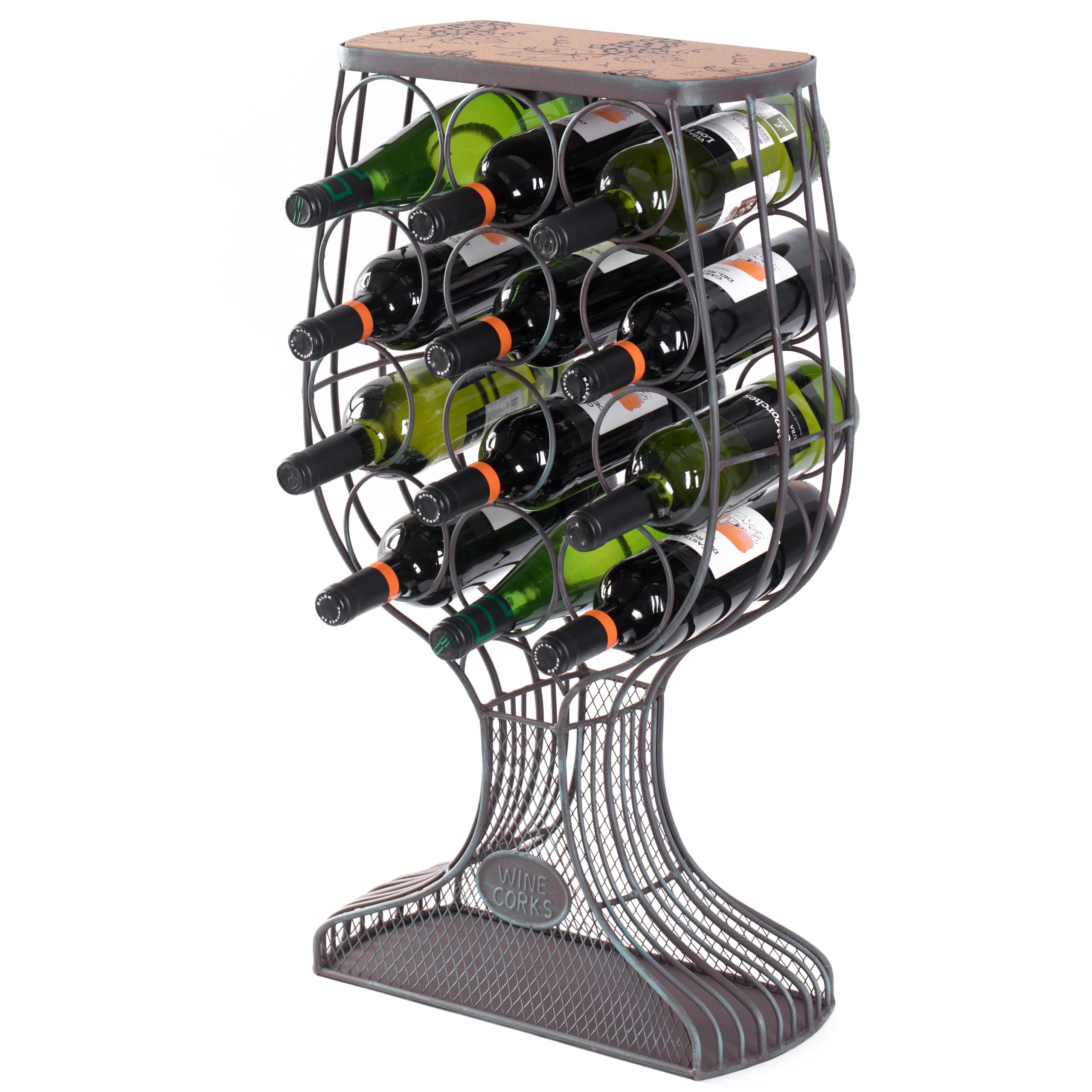 Vintage Wooden and Metal Goblet-Shaped Freestanding Wine Rack with Cork Holder - Perfect for Home Bar, Dining Room, and Wine Cellar Storage