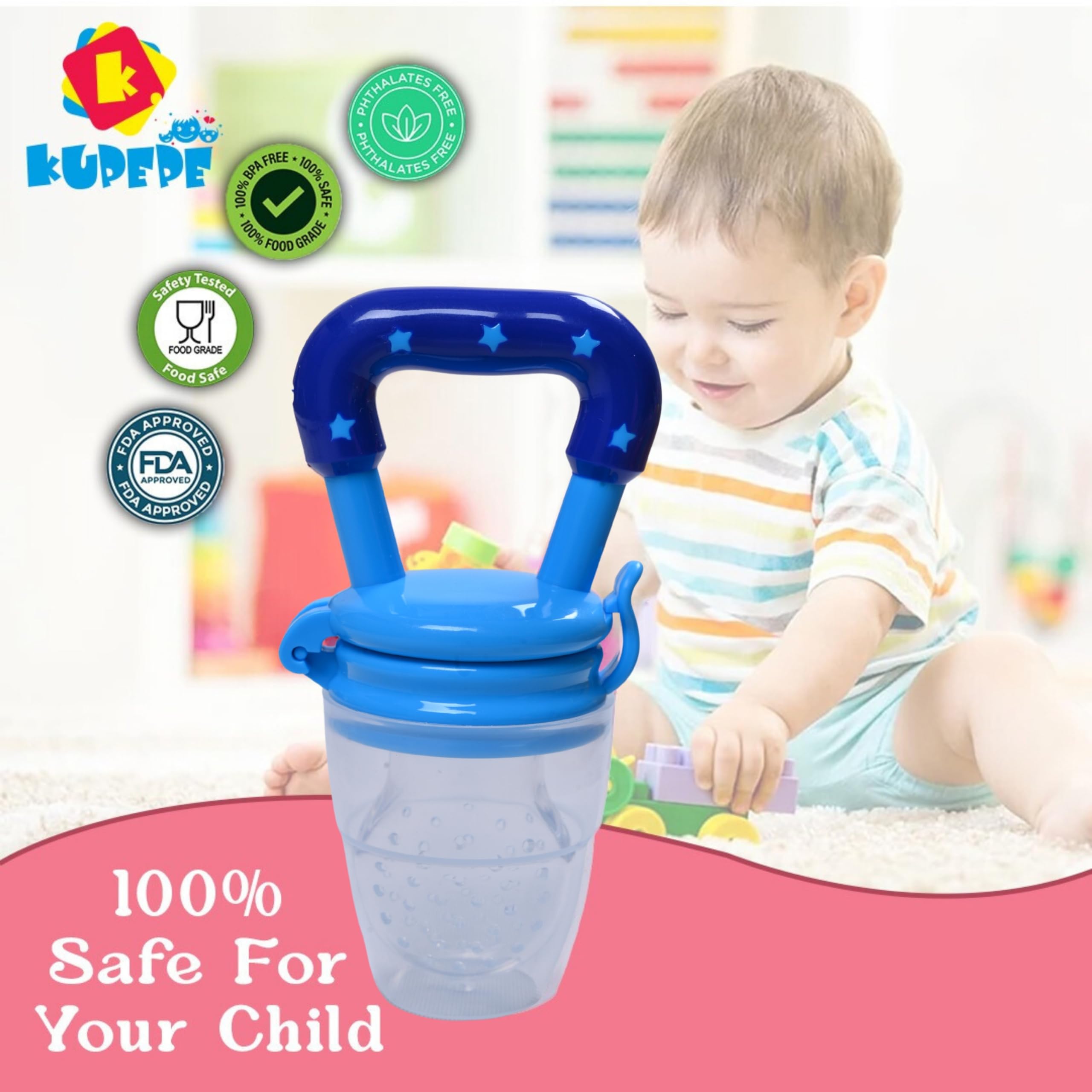 KUPEPE 5-in-1 Baby Feeding Set - Safe Fruit Nibbler, Spoon Feeder, Finger Brush, Bib & Teether for Teething & Weaning - BPA-Free, Easy to Clean Infant Essentials - Perfect for Home, Travel & Mess-Free Mealtime (Blue)