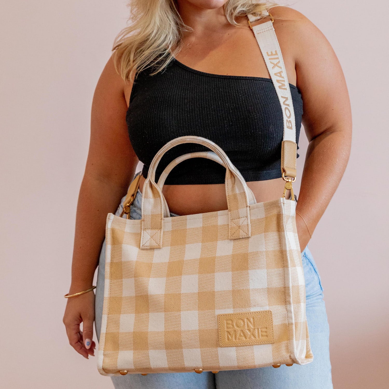 Stylish Small Structured Tote Bag in Almond Gingham - Perfect for Work, Shopping & Everyday Use