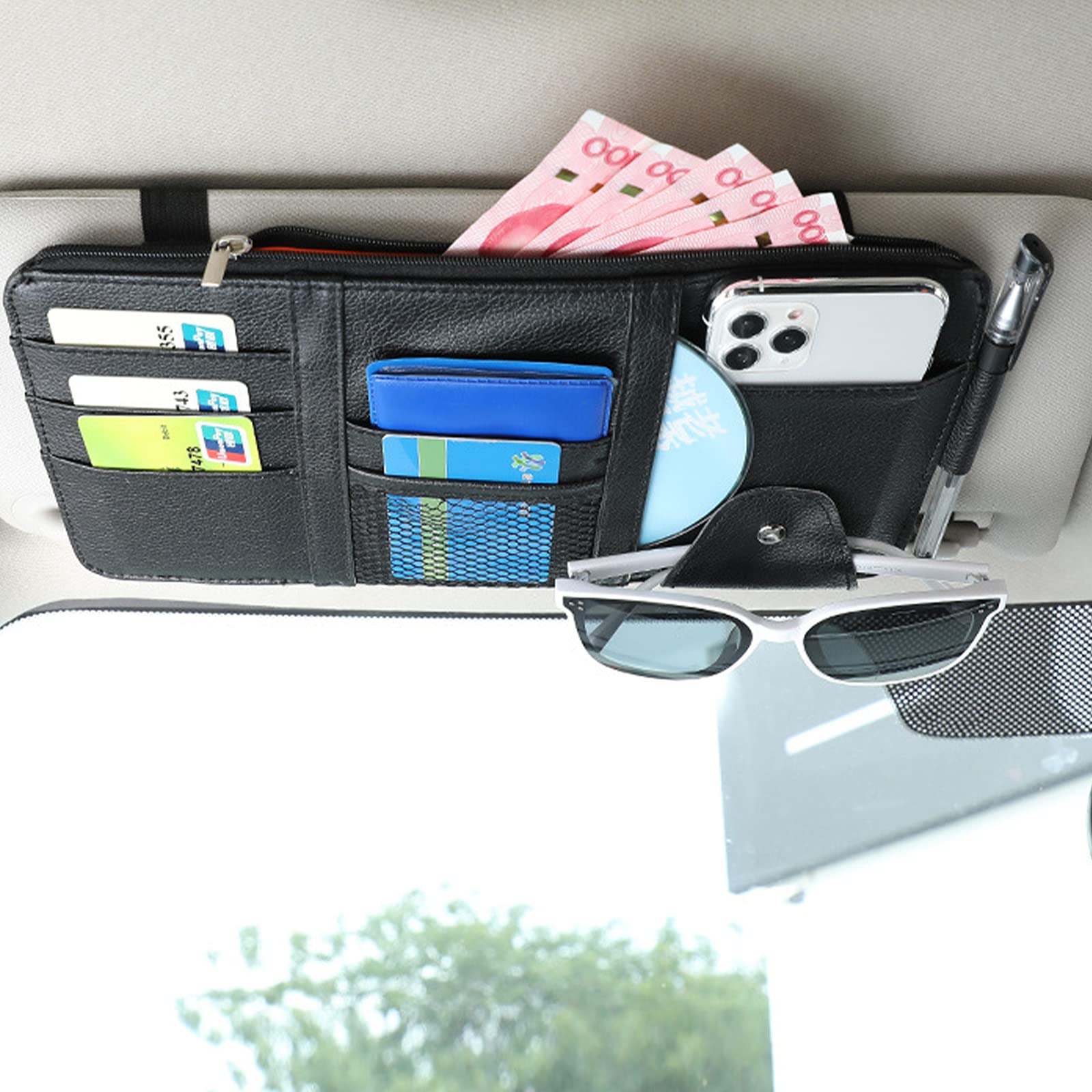 Car Sun Visor Organizer - Multi-Pocket Auto Storage Pouch for Cards, Pens, Sunglasses & Documents | Black | Perfect for Road Trips, Commuting & Vehicle Organization