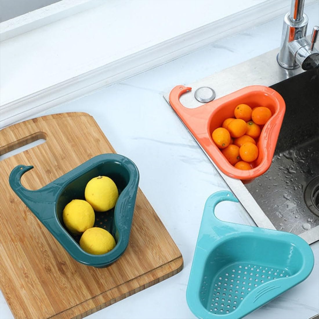 Strainer Pro - 4Pcs Multifunctional Kitchen Sink Drain Basket Strainer for Vegetables, Pasta & Fruits | Faucet Hanging Filter Basket & Swan Drain Rack | Perfect for Washing Produce, Draining Pasta & Keeping Sink Clean