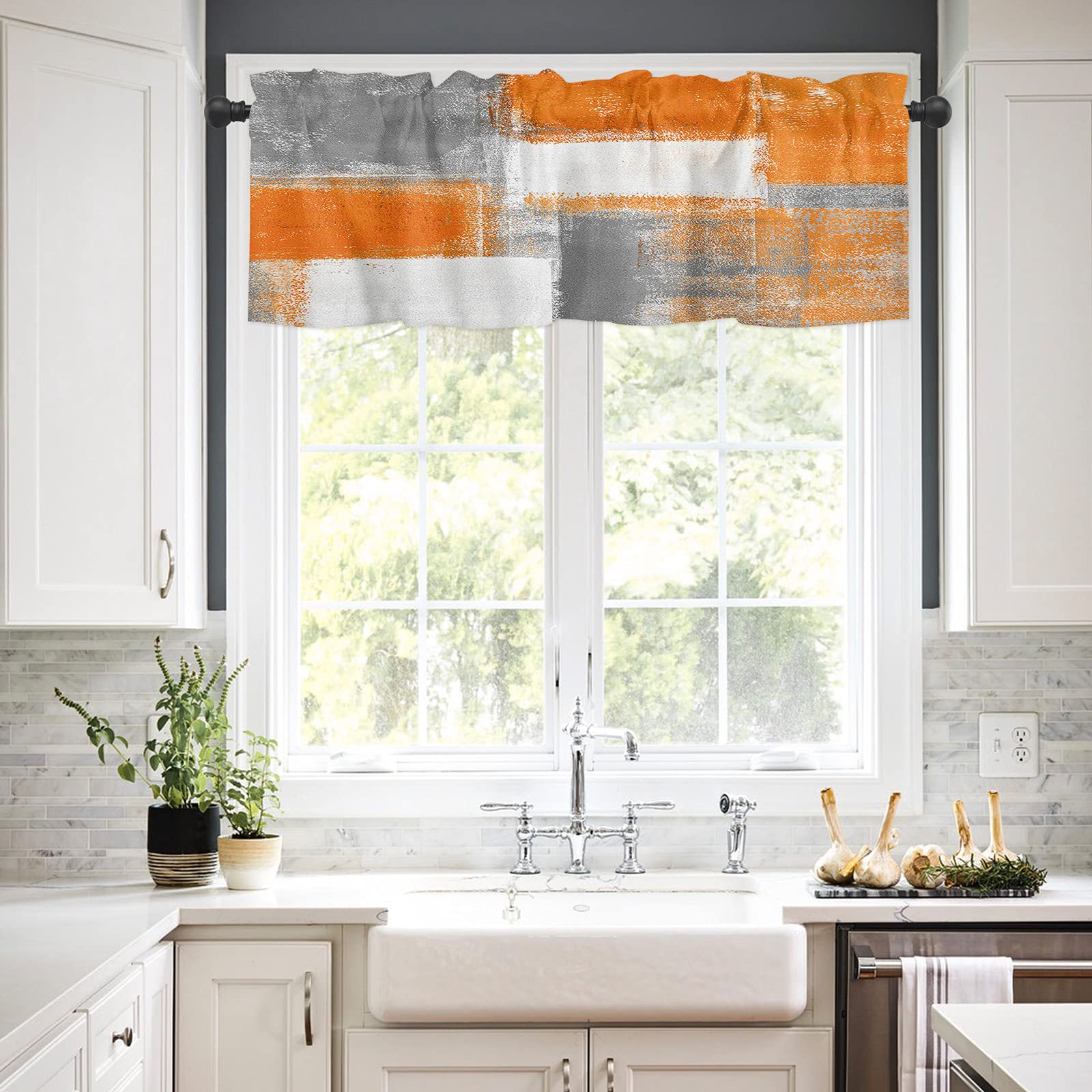 Gogobebe Orange Grey Abstract Geometric Valance Curtains - 54x18 Inch Rod Pocket Window Drapes for Kitchen, Living Room, Bedroom & Bathroom - Modern Home Decor for Casual & Formal Spaces