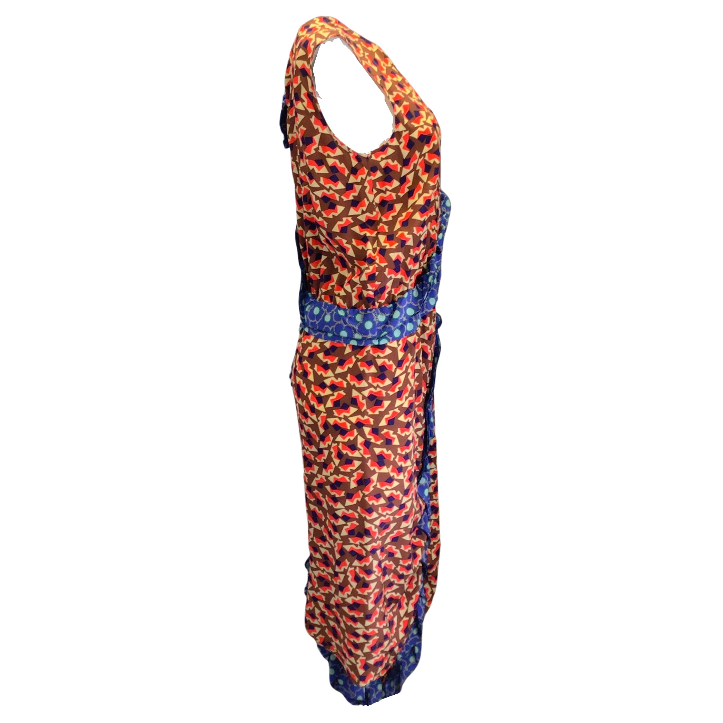 Marni Women's Red & Blue Multi Metropolis Print Sleeveless Silk Crepe Midi Dress - Elegant Summer Party & Cocktail Wear