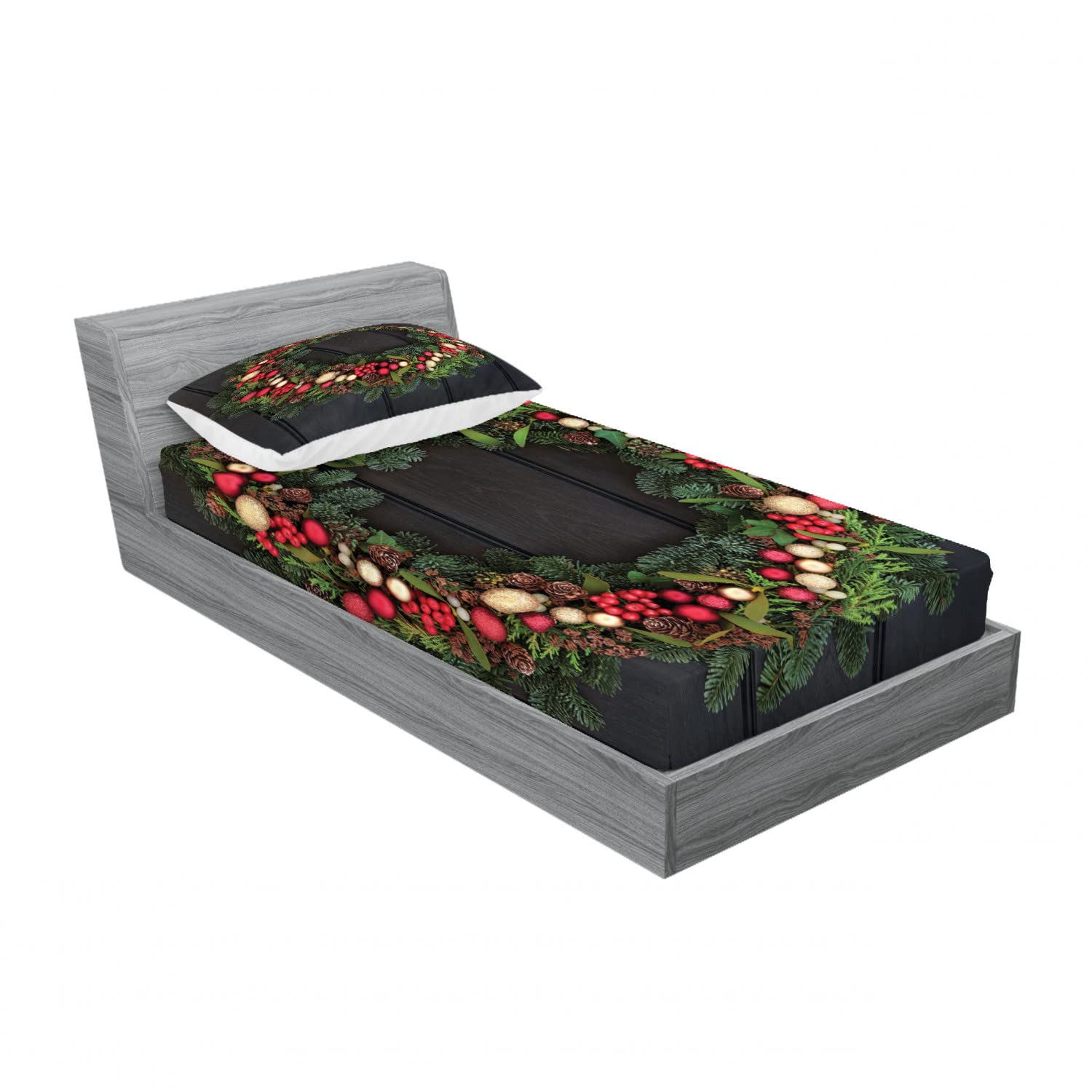 Ambesonne Christmas 2-Pack Twin XL Fitted Sheet & Pillow Sham Set - Festive Fir Wreath Design, 4-Piece Holiday Bedding Decor (2 Fitted Sheets + 2 Pillow Covers) for Cozy Winter Nights & Christmas Home Decor