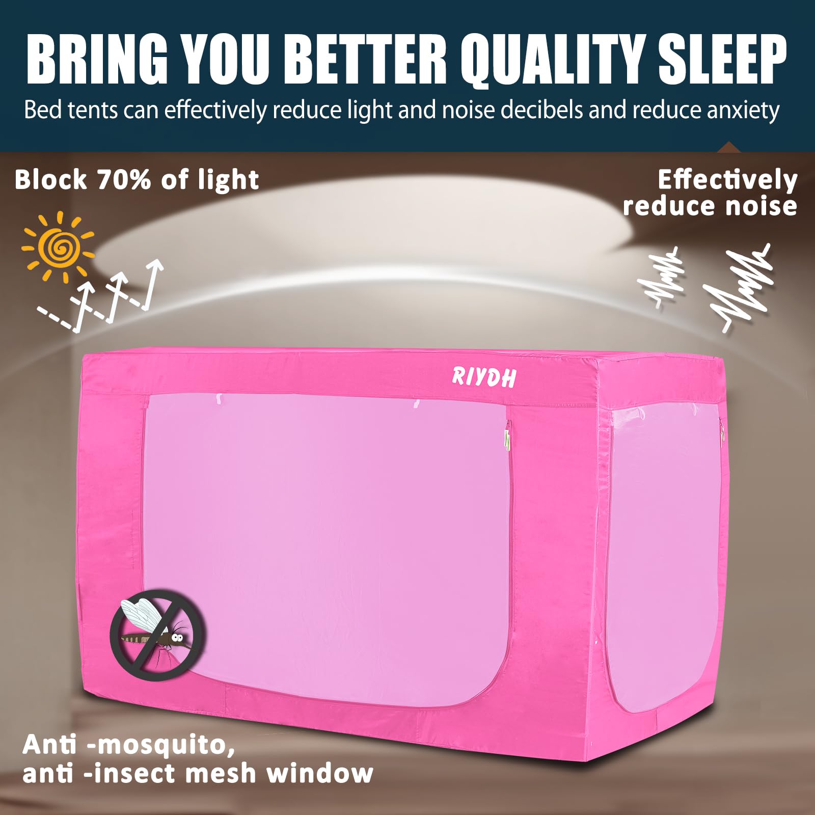 King Size Bed Tent Canopy - Portable Blackout Sleeping Tent for Adults & Kids, 70% Light Blocking with 3 Doors & Breathable Fabric (Pink) - Perfect for Camping, Bedroom Privacy & Cozy Indoor Sleepovers