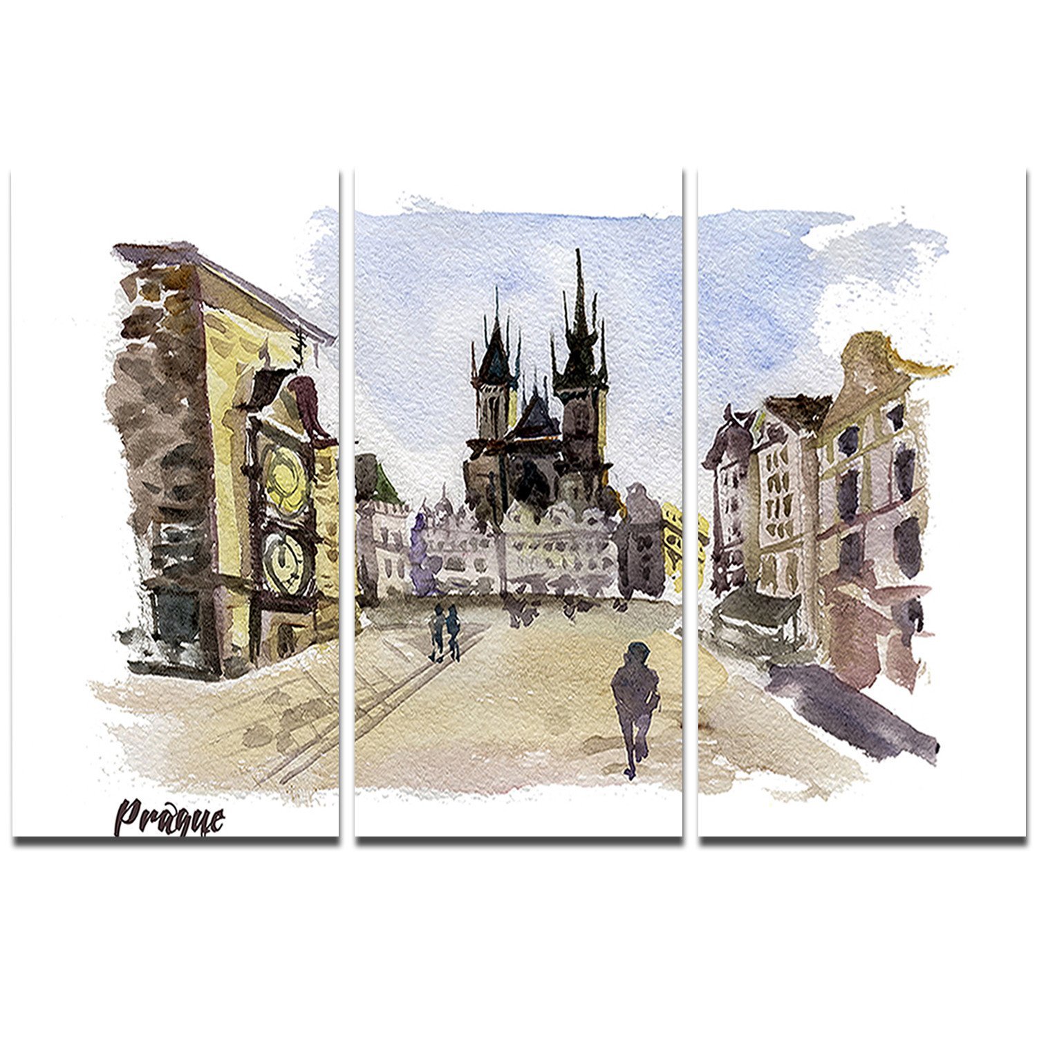 Designart Prague Hand-Drawn Cityscape Painting - 3 Panel Metal Wall Art Decor (36x28 Inches) for Living Room, Bedroom & Office | Modern Home & Office Wall Decor