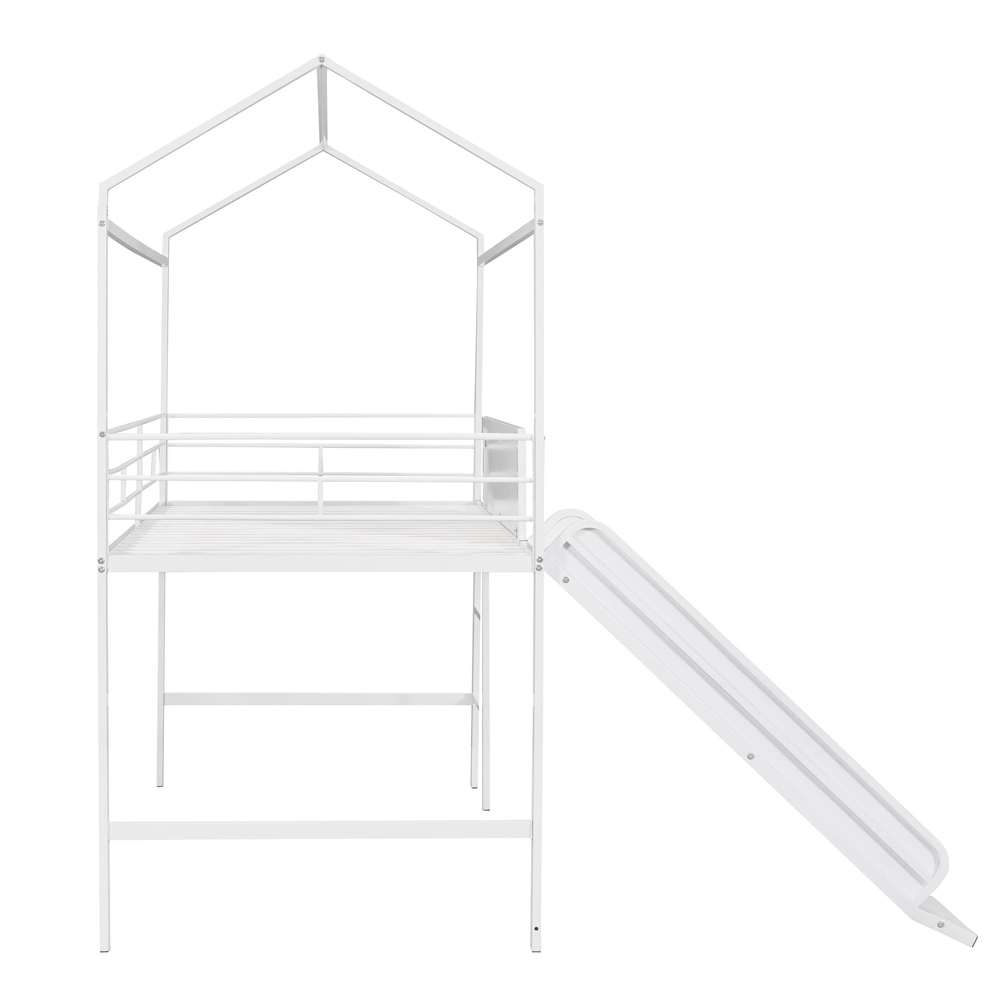 Twin Size Metal Loft Bed with Slide for Kids - Space-Saving Steel House Bed Frame with Writable Wooden Board & Roof - Easy Assembly White Bunk Bed for Boys & Girls Bedroom - Perfect for Small Rooms, Play Areas & Sleepovers