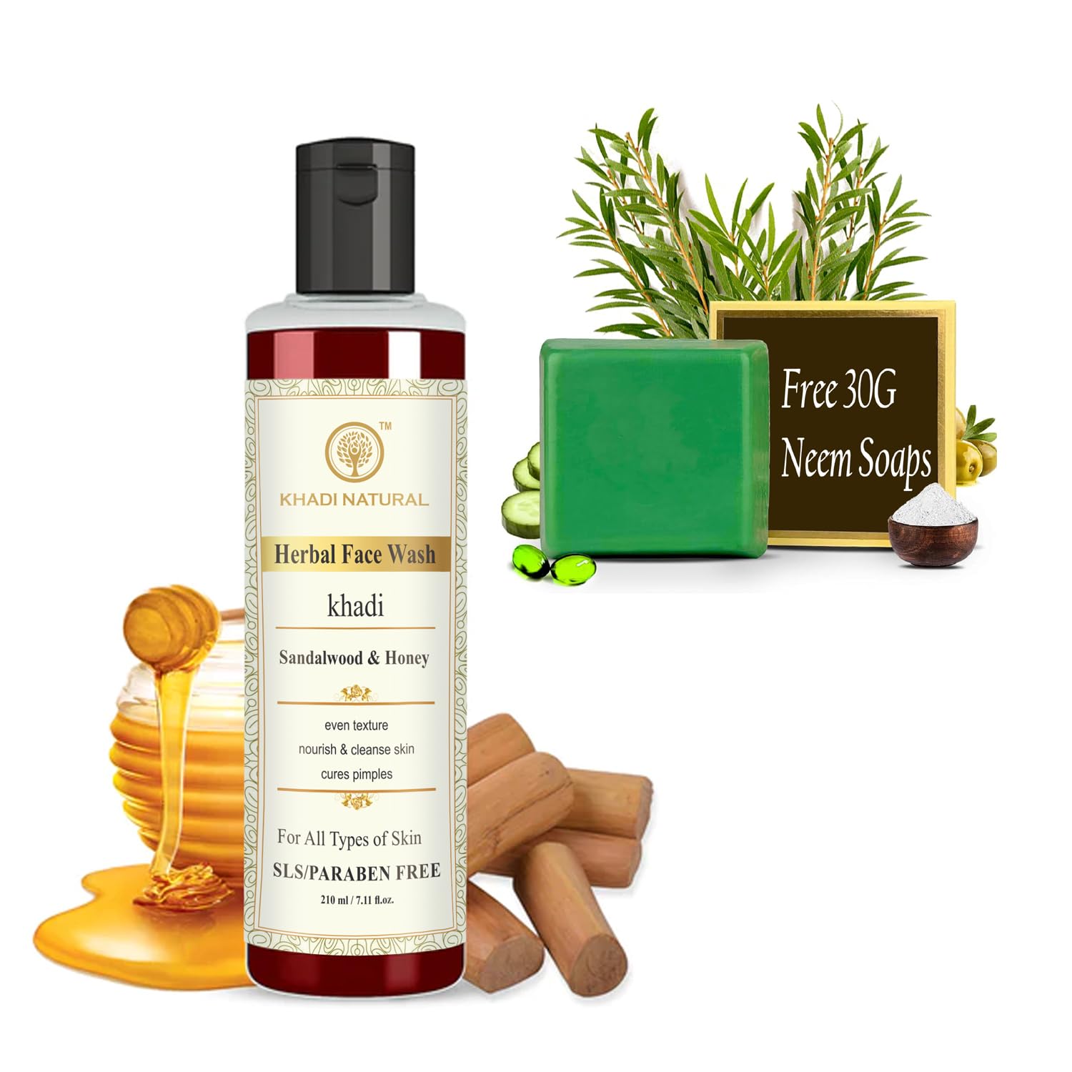 Khadi Natural Herbal Sandal & Honey Face Wash - 210ml | Ayurvedic Cleanser for Glowing Skin | Perfect for Daily Skincare & Acne-Prone Skin