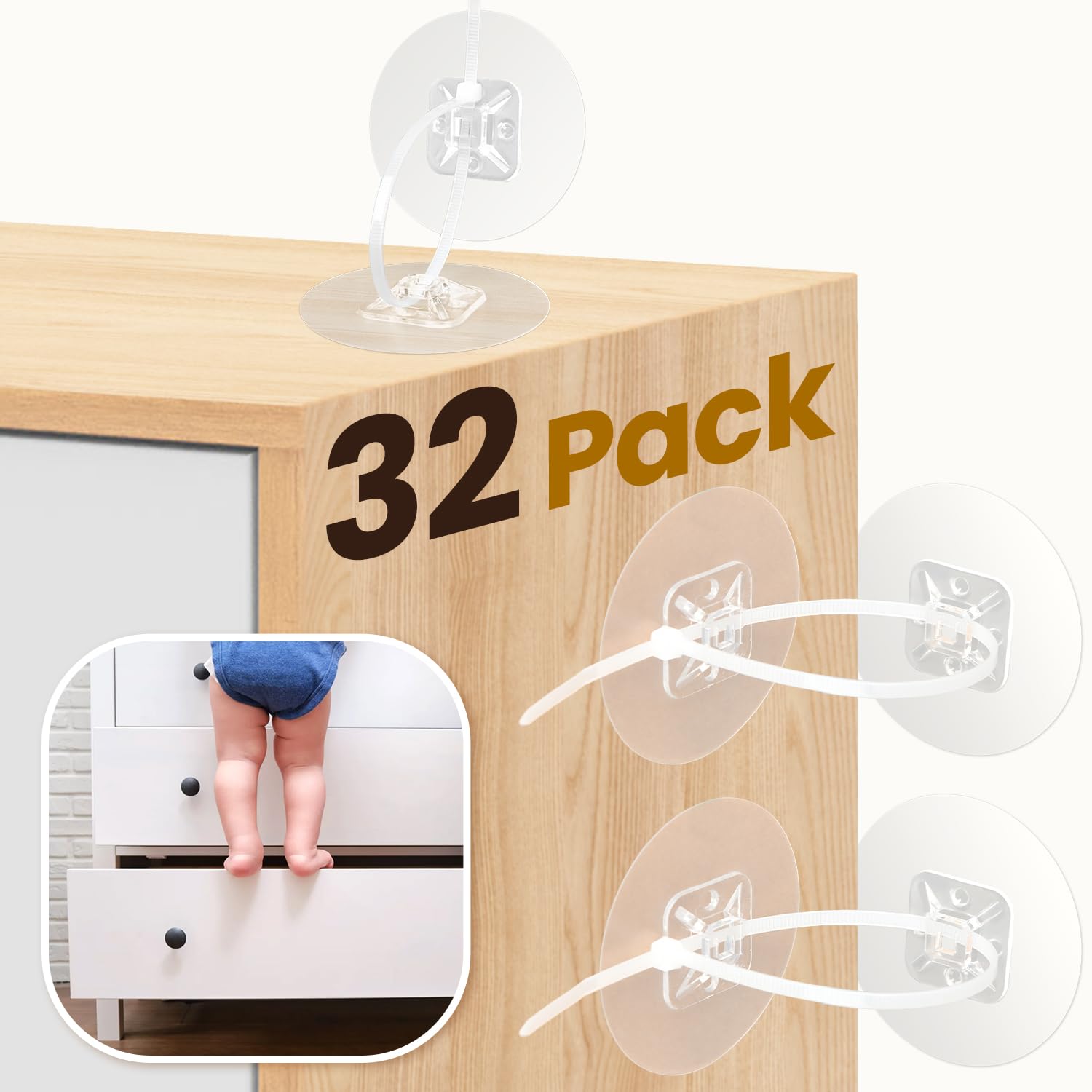 32 Pack Adhesive Furniture Wall Anchors - Heavy Duty Anti-Tip Safety Straps for Baby Proofing, Secures Bookcase, Dresser, Shelf & Cabinet to Wall - Child Safety for Nursery, Living Room & Office