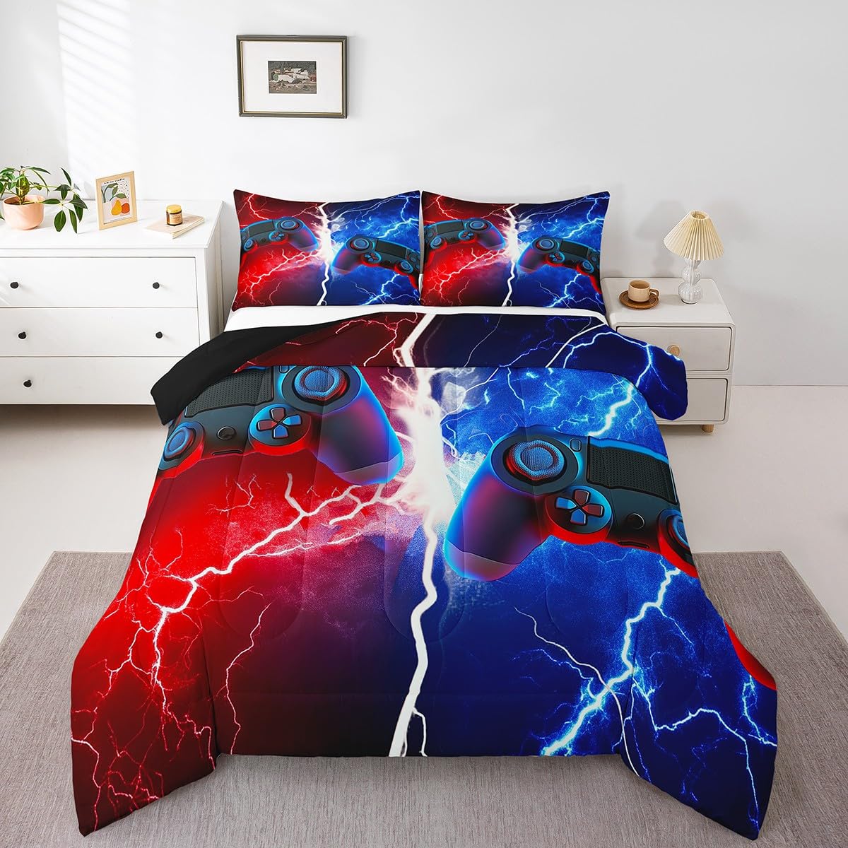 Erosebridal Queen Gaming Bedding Set for Boys - Red & Blue Gamer Comforter Set with Toddler & Kids Bedding - Perfect for Teen Bedrooms, Gaming Rooms & Sleepovers