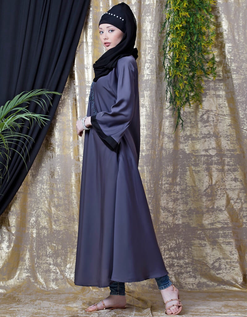 Hand Embroidered Arabic Nida Abaya Umbrella - Navy Blue Islamic Prayer Dress for Women - Perfect for Mosque, Eid, and Special Occasions