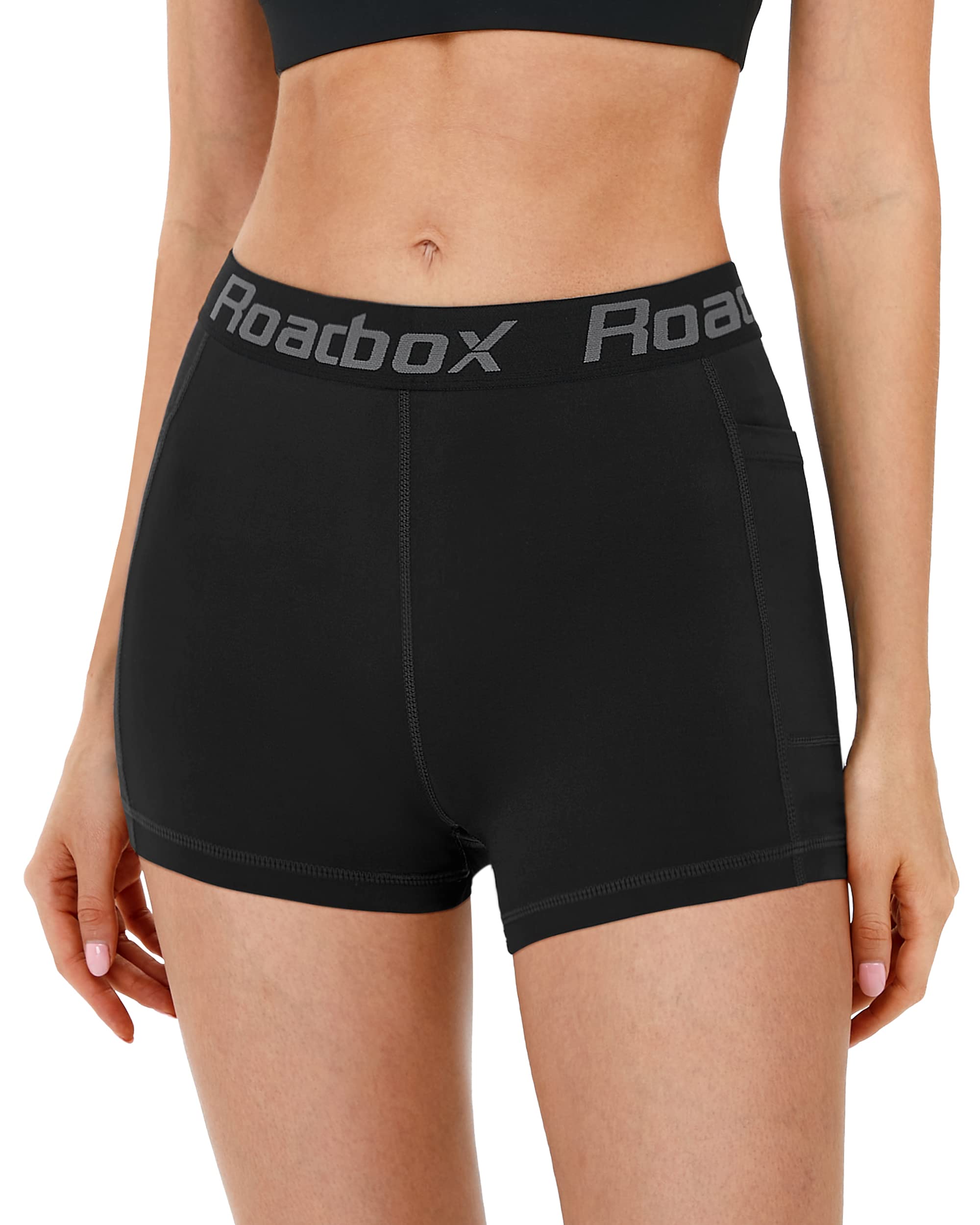 Roadbox 5'' Women's Volleyball Compression Shorts with Pockets - 3 Pack Spandex Workout Athletic Shorts for Running, Gym, Yoga | Perfect for Sports, Training & Active Lifestyle