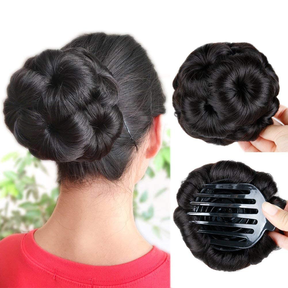 JUSTLIST 1PC Clip-In Synthetic Hair Extensions for Girls - Easy Bun Maker, Updo Accessories, Fake Hair Buns (Black) - Perfect for Parties, Weddings, Cosplay & Everyday Hairstyles