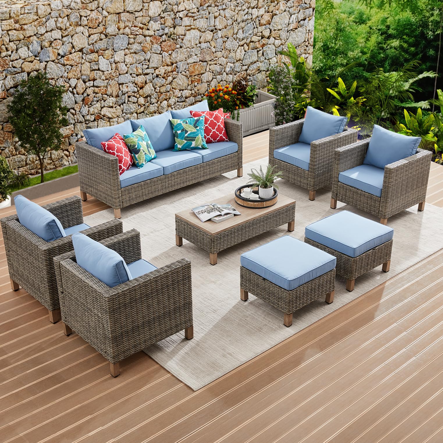 8-Piece All-Weather Outdoor Patio Furniture Set with Metal Coffee Table - Wicker Rattan Sectional Sofa Conversation Set for Porch, Poolside, Garden & Backyard - Perfect for Relaxing, Entertaining & Outdoor Dining (Blue)