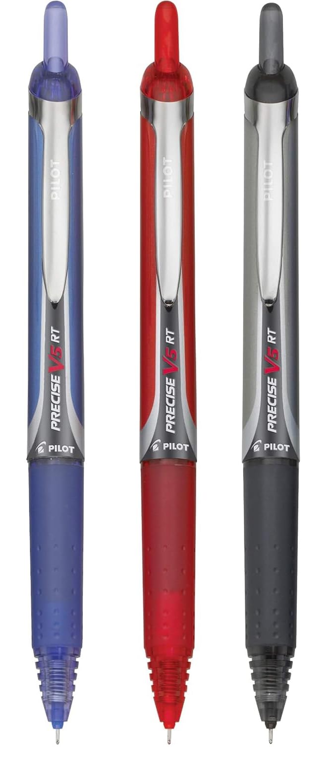 Premium V5 RT Retractable Rolling Ball Pens - 0.5mm Extra Fine Point - 3-Pack (Black/Blue/Red Ink) - Comfort Grip Design with Reusable Plastic Pouch - Ideal for Office, School, Note-Taking & Gift Giving