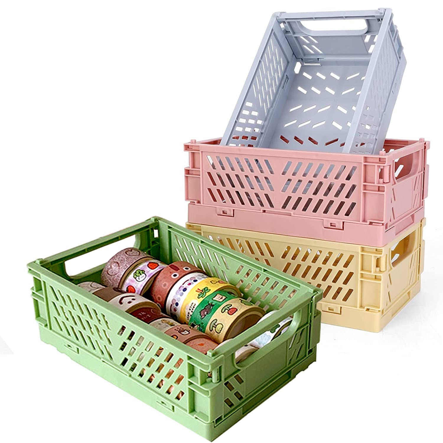 4-Pack Small Plastic Storage Baskets - Desk Organizer & Drawer Organizer, Durable Foldable Storage Crates for Home, Kitchen, Classroom, Office & Bathroom Organization (5.9