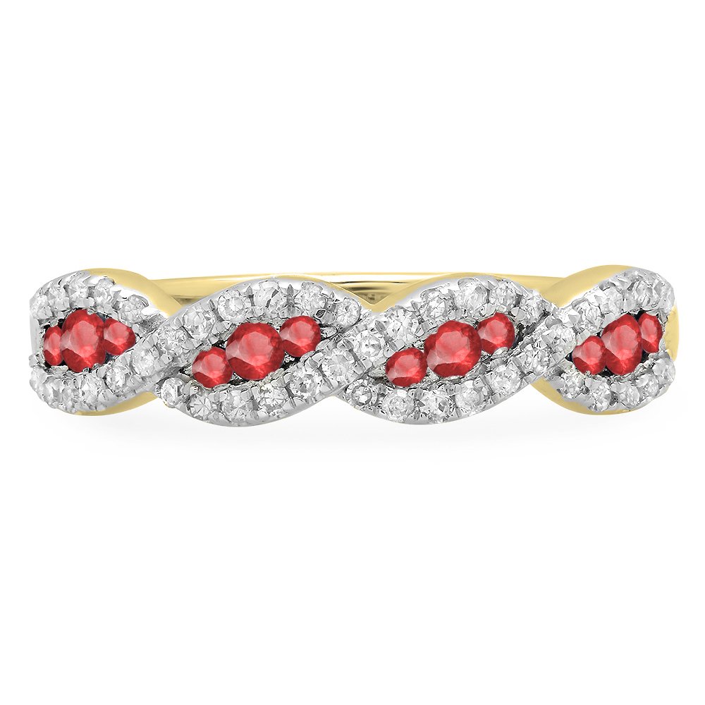 10K Solid Gold Round Ruby & White Diamond Stackable Wedding Band Swirl Ring for Bridal, Anniversary, Engagement - Perfect for Stacking, Gift Giving & Special Occasions