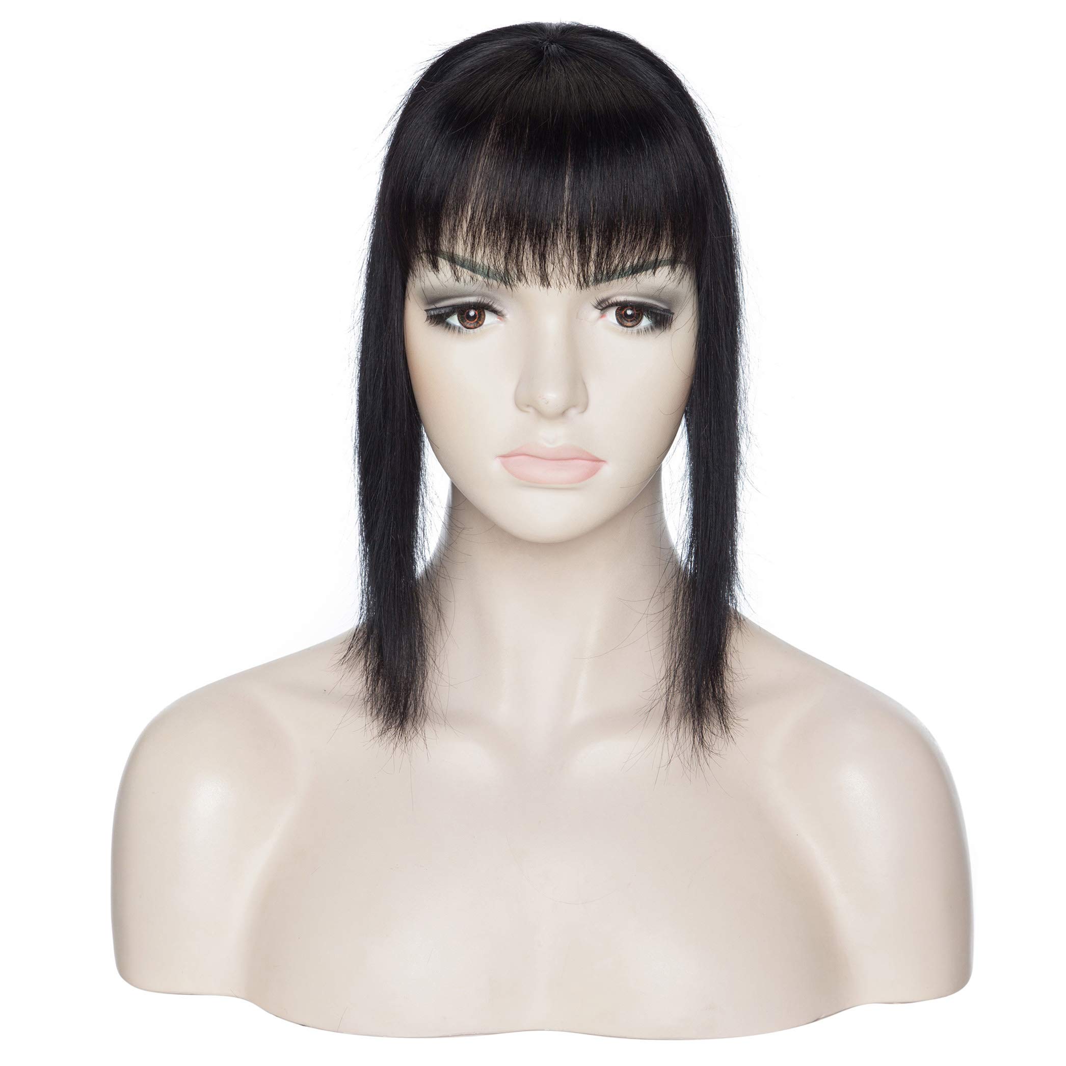 150% Density Human Hair Toppers with Bangs - Mono Base Clip-in Hairpiece for Women with Thinning Hair, Gray Hair & Hair Loss - 12 Inch, 35g Jet Black - Perfect for Daily Wear, Parties & Special Occasions
