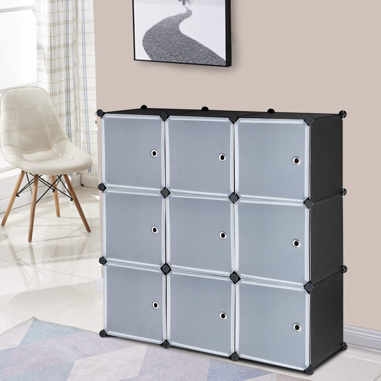 9-Cube DIY Plastic Closet Cabinet | Modular Bookshelf Organizer with Doors | Storage Shelf Units for Bedroom, Office & Kids Room | Simple Market Basket Stand by MITPATY