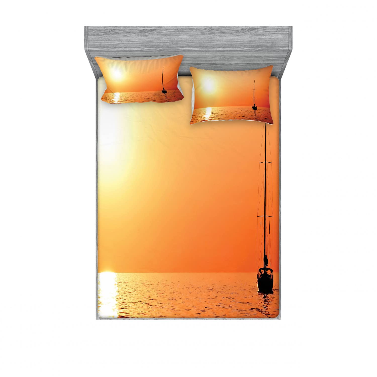 Ambesonne Ocean Themed 2-Pack Queen Size Fitted Sheet & Pillow Sham Set - Sunset Yacht Design, 4-Piece Bedding Collection in Orange & Yellow | Perfect for Coastal Bedrooms, Nautical Decor & Beach House Retreats