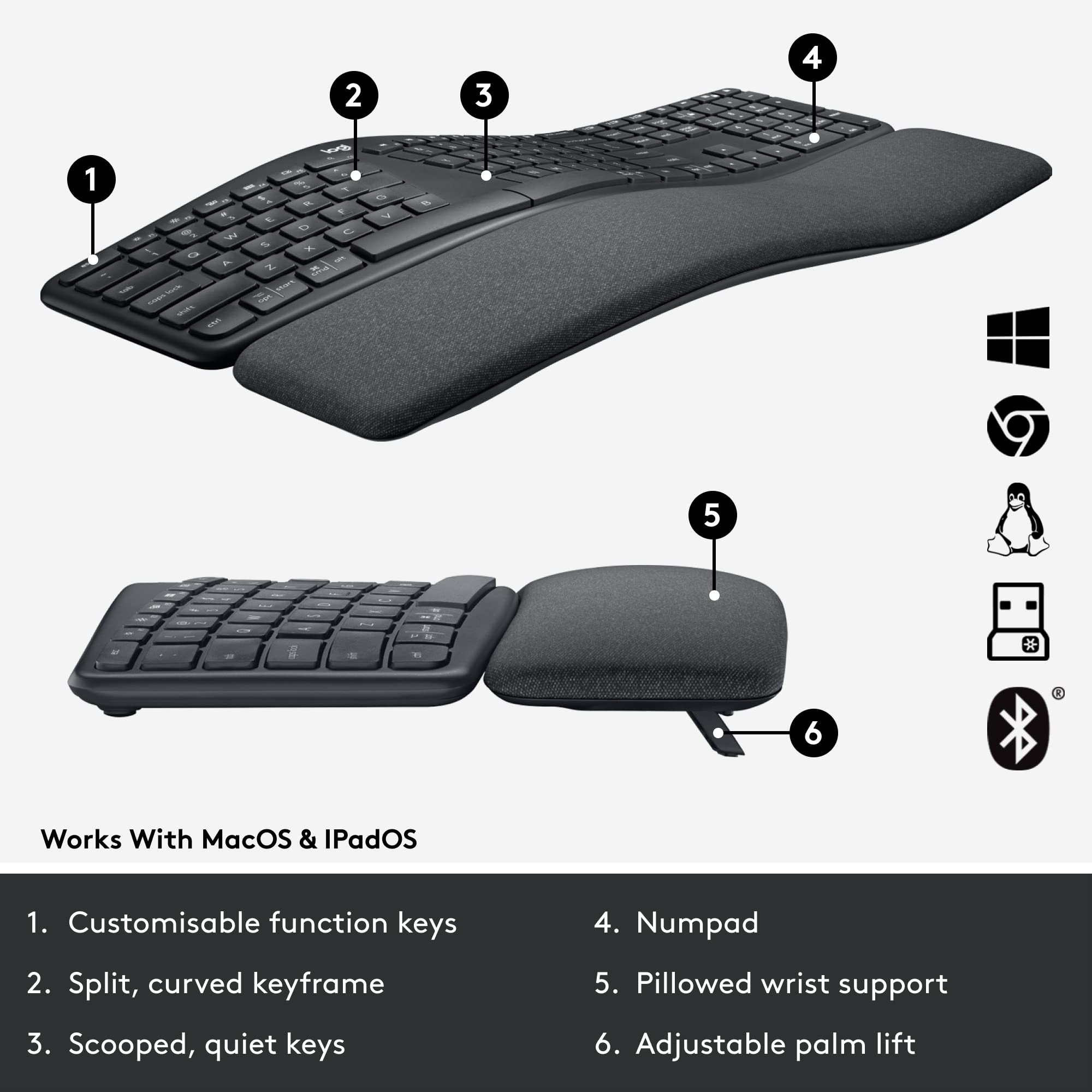 Logitech Ergo K860 Wireless Ergonomic Split Keyboard for Business - Bluetooth, Logi Bolt Security, Compatible with Windows/Mac/Chrome/Linux - Graphite - Perfect for Office Work, Programming & Long Typing Sessions