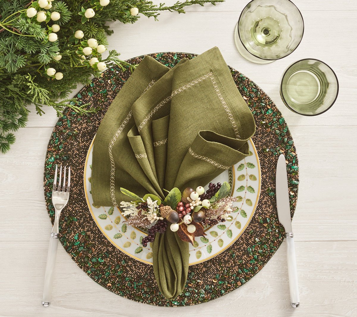 Elegant Green & Gold Forest Placemat Set of 2 - Waterproof Table Mats for Dining, Kitchen Decor, and Holiday Entertaining