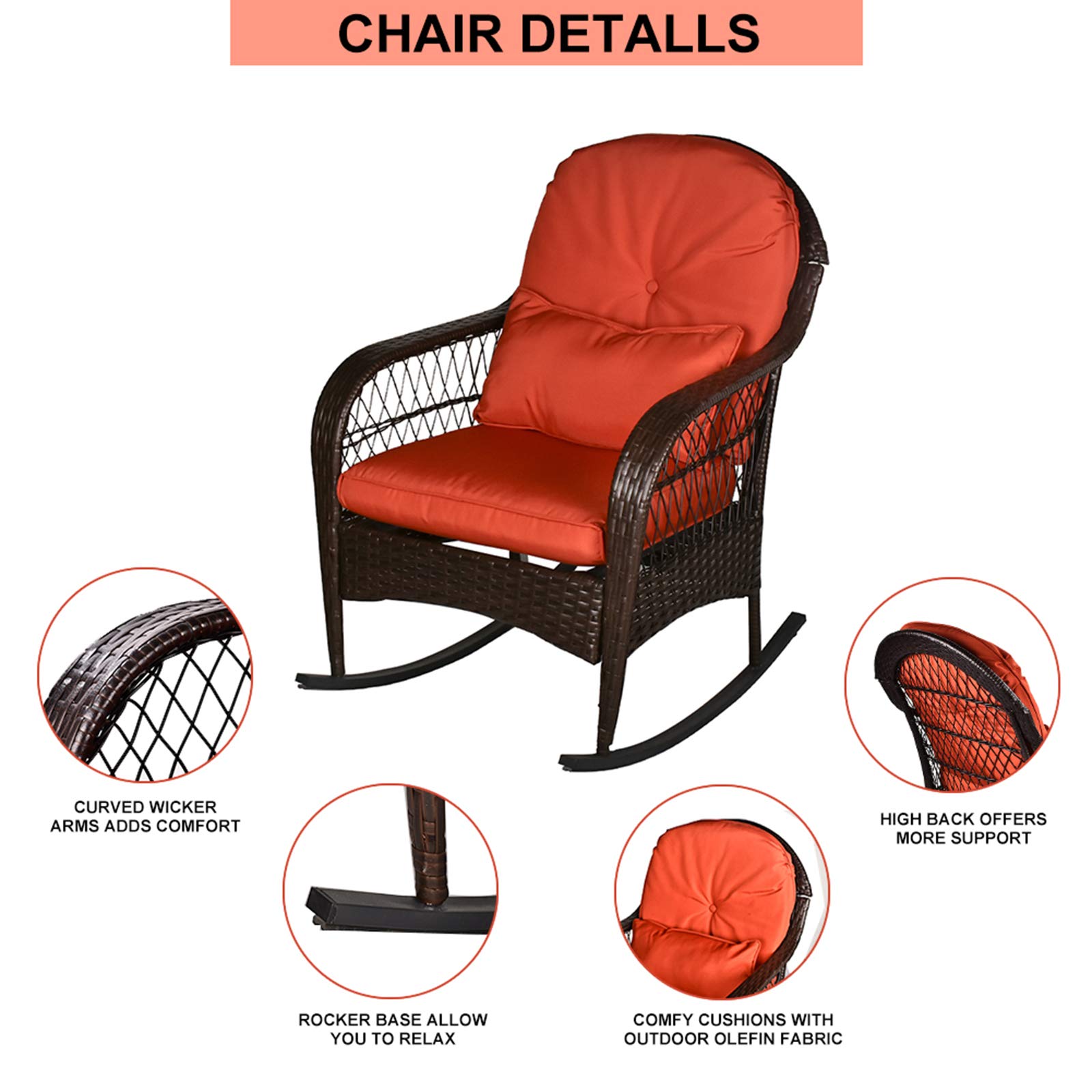**All-Weather Outdoor Wicker Rocking Chair with Cushions - Brown Wicker & Orange Cushion - Perfect for Garden, Patio, Yard, Porch, Lawn, Balcony & Backyard Relaxation**