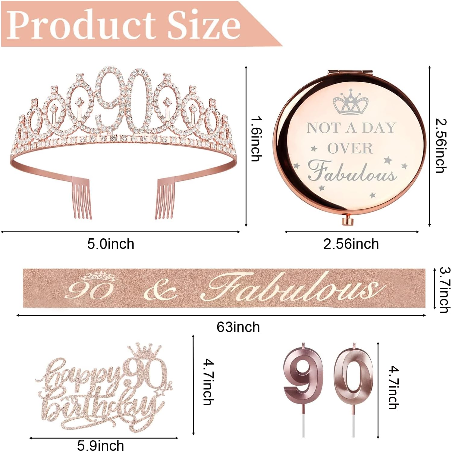 90th Birthday Party Decorations for Women - 'Not a Day Over Fabulous' Compact Mirror, Sash & Crown Set, Cake Topper & Candles - Perfect 90 Year Old Gifts for Grandma, Mother & Senior Women (Great for Milestone Celebrations & Photo Booths)
