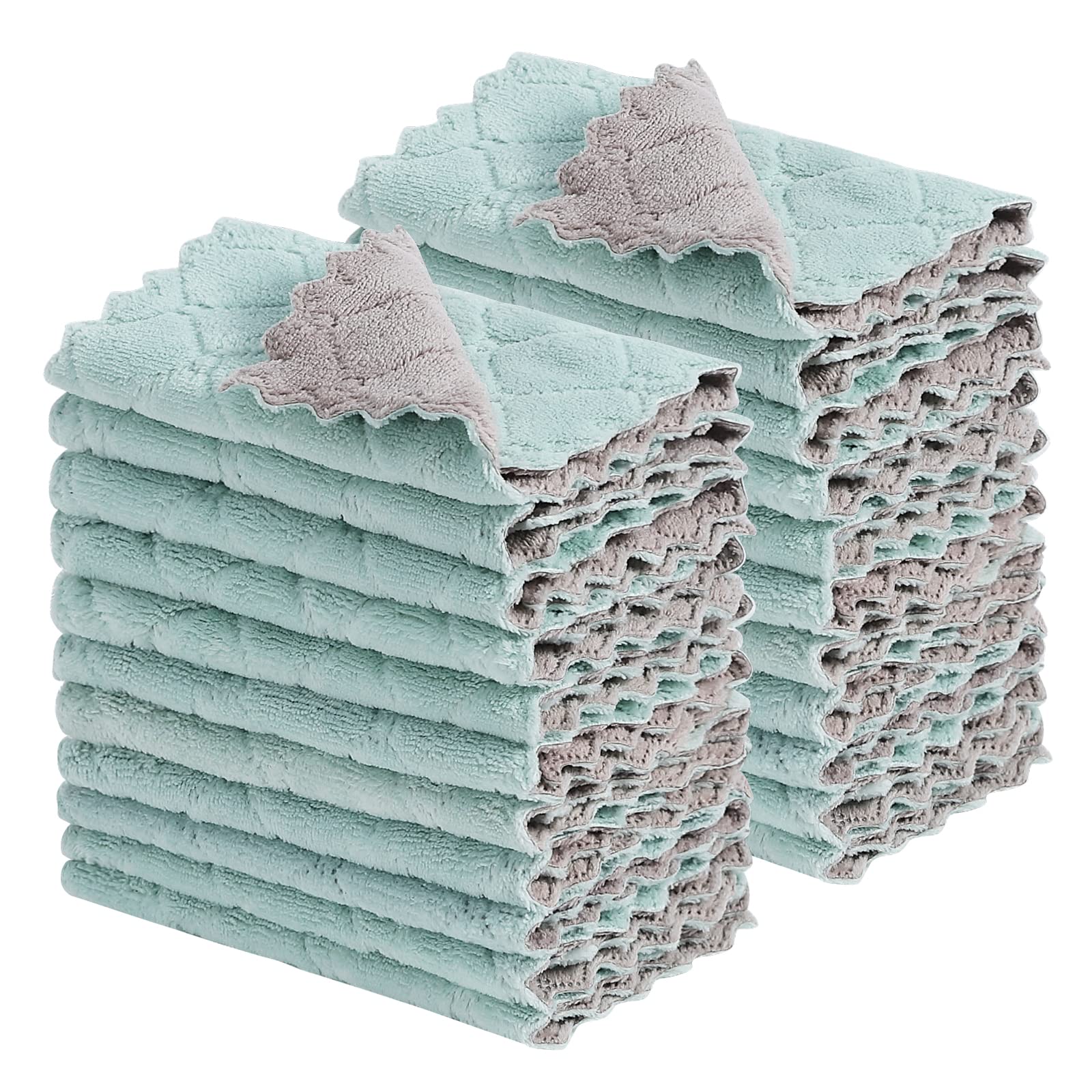 20Pcs Super Absorbent Coral Fleece Dish Towels & Kitchen Cloths - Premium Nonstick Oil Washable Fast Drying Dish Rags for Cleaning Dishes, Glassware, Tables & Pet Paws (Green & Gray) - Perfect for Daily Kitchen Cleaning, Dish Drying & Household Chores
