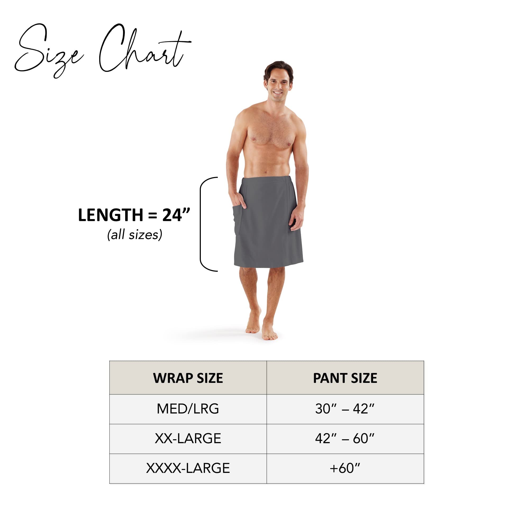 Boca Terry 100% Cotton Men's Bath Towel Wrap with Elastic Waist - Adjustable & Secure for Shower, Spa, Sauna, Gym, Beach & Pool Use