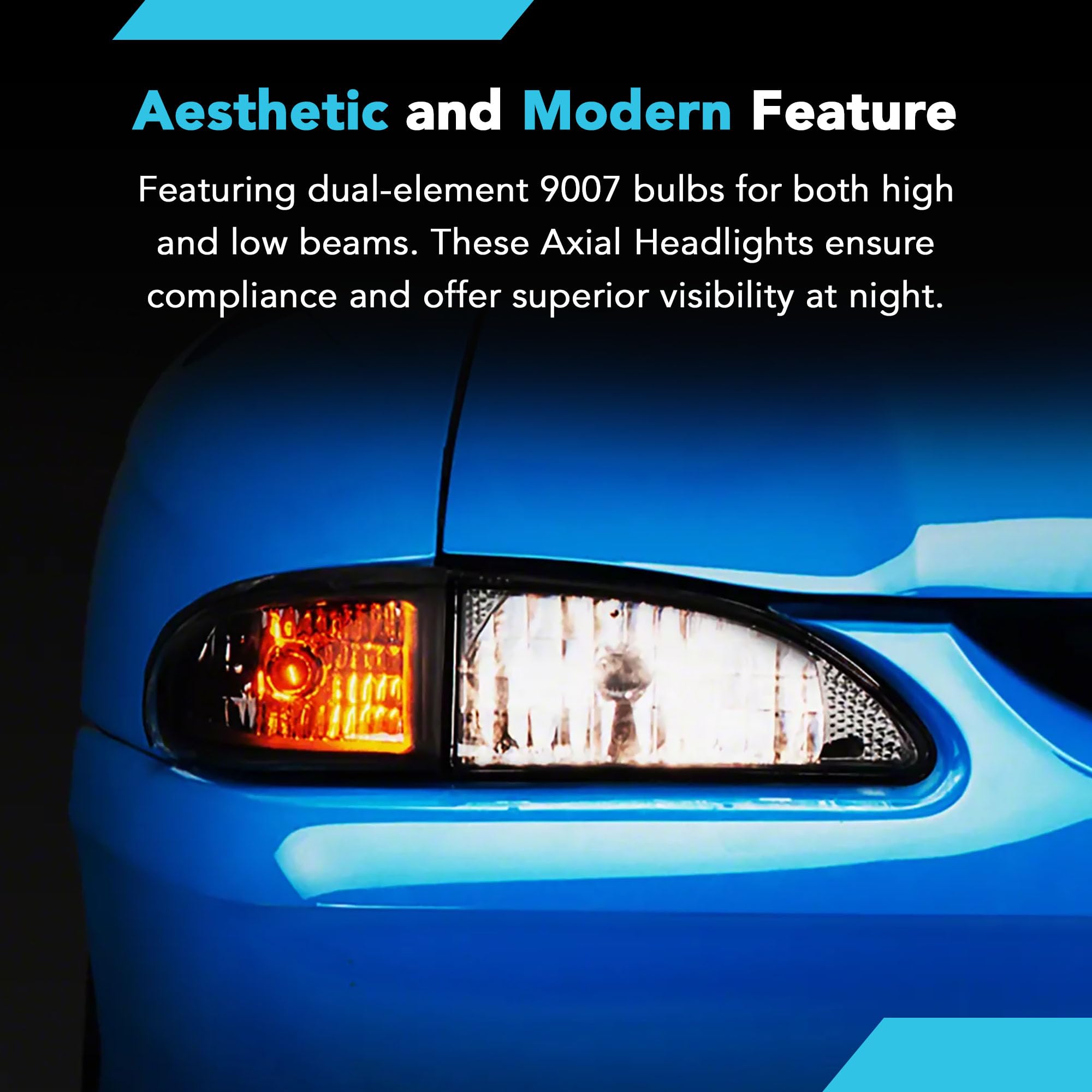 Black Axial Cobra Style Headlights for 1994-1998 Ford Mustang | Classic Muscle Car Lighting Upgrade | Perfect for Night Driving & Car Shows