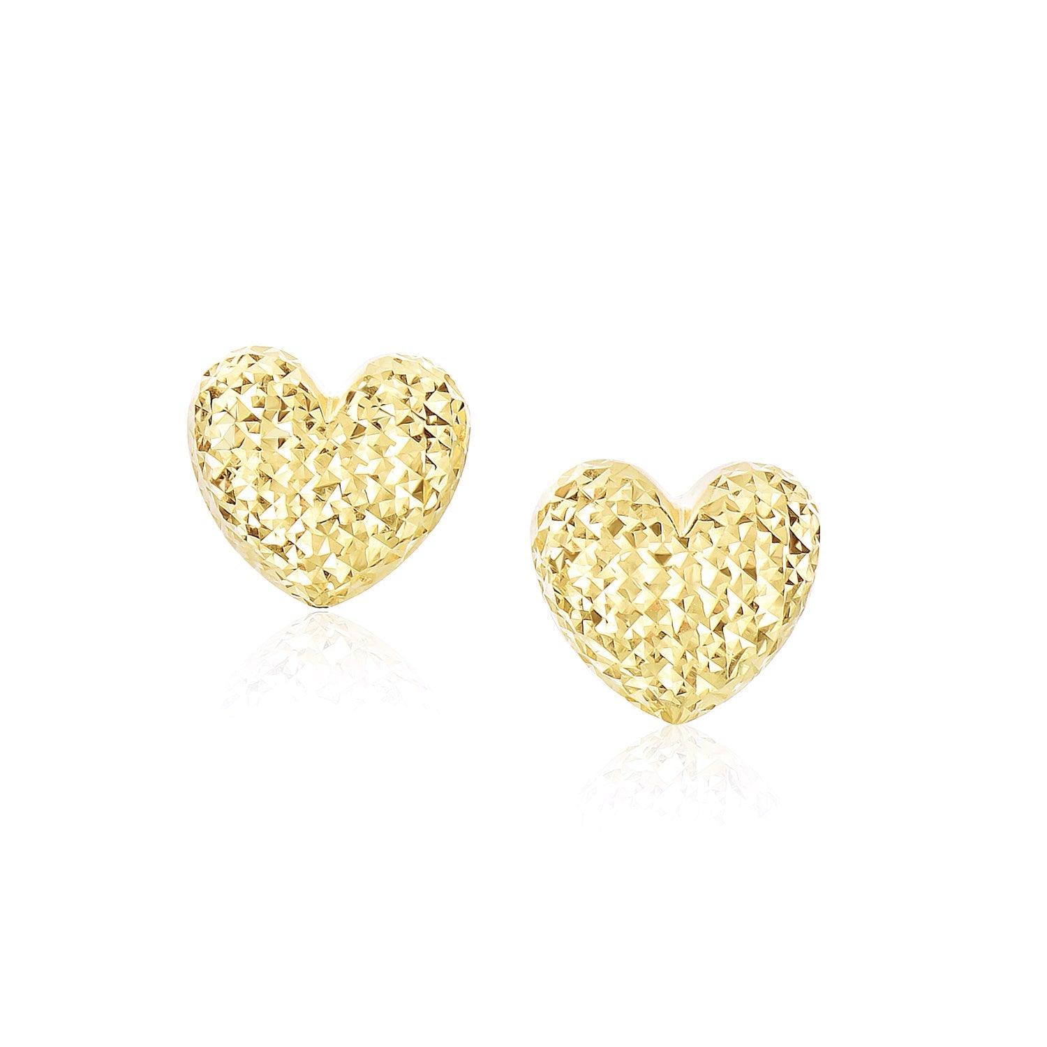 14K Yellow Gold Puffed Heart Earrings with Diamond Cuts - Elegant Dangle Earrings for Women, Perfect for Valentine's Day, Anniversary, Wedding & Special Occasions