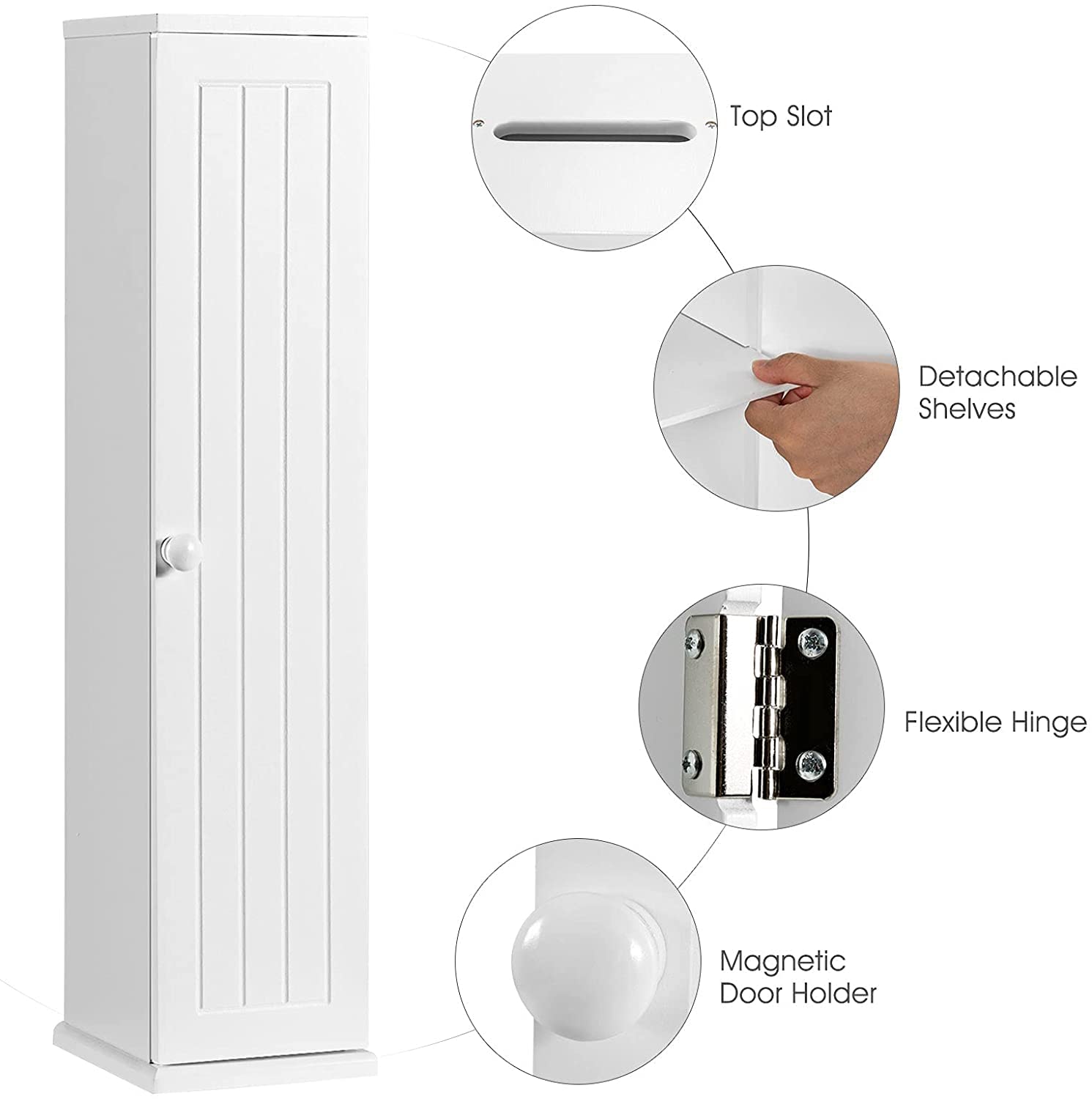 LUARANE Toilet Paper Storage Tower - Free Standing 4-Tier Bathroom Organizer with Detachable Shelves & Door - White Floor Cabinet for Toilet Paper, Towels & Bath Essentials - Perfect for Small Bathrooms, Apartments & Kitchen Storage