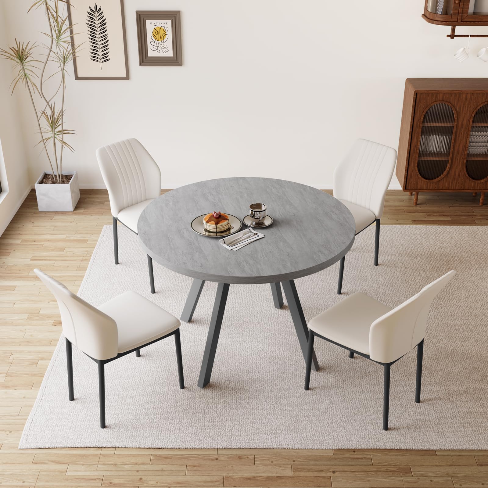 Space-Saving 4-Piece Dining Table Set with Grey Table & 4 White Chairs - Perfect for Small Apartments, Kitchen & Dining Room | Compact Furniture for Cozy Meals & Entertaining