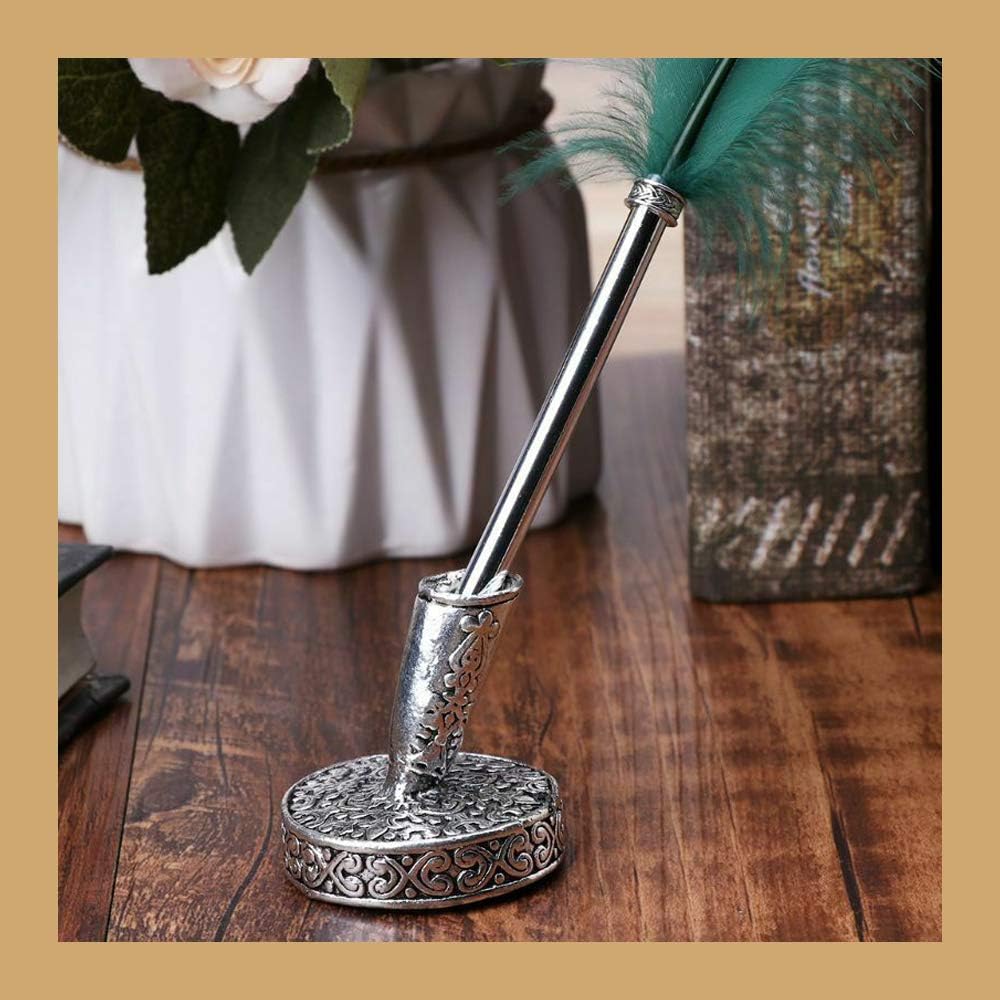Vintage Round Metal Feather Quill Pen Holder - 1PC Antique Calligraphy Dip Pen Stand for Office, School & Writing Enthusiasts | Perfect Desk Organizer for Students, Teachers & Gift Ideas