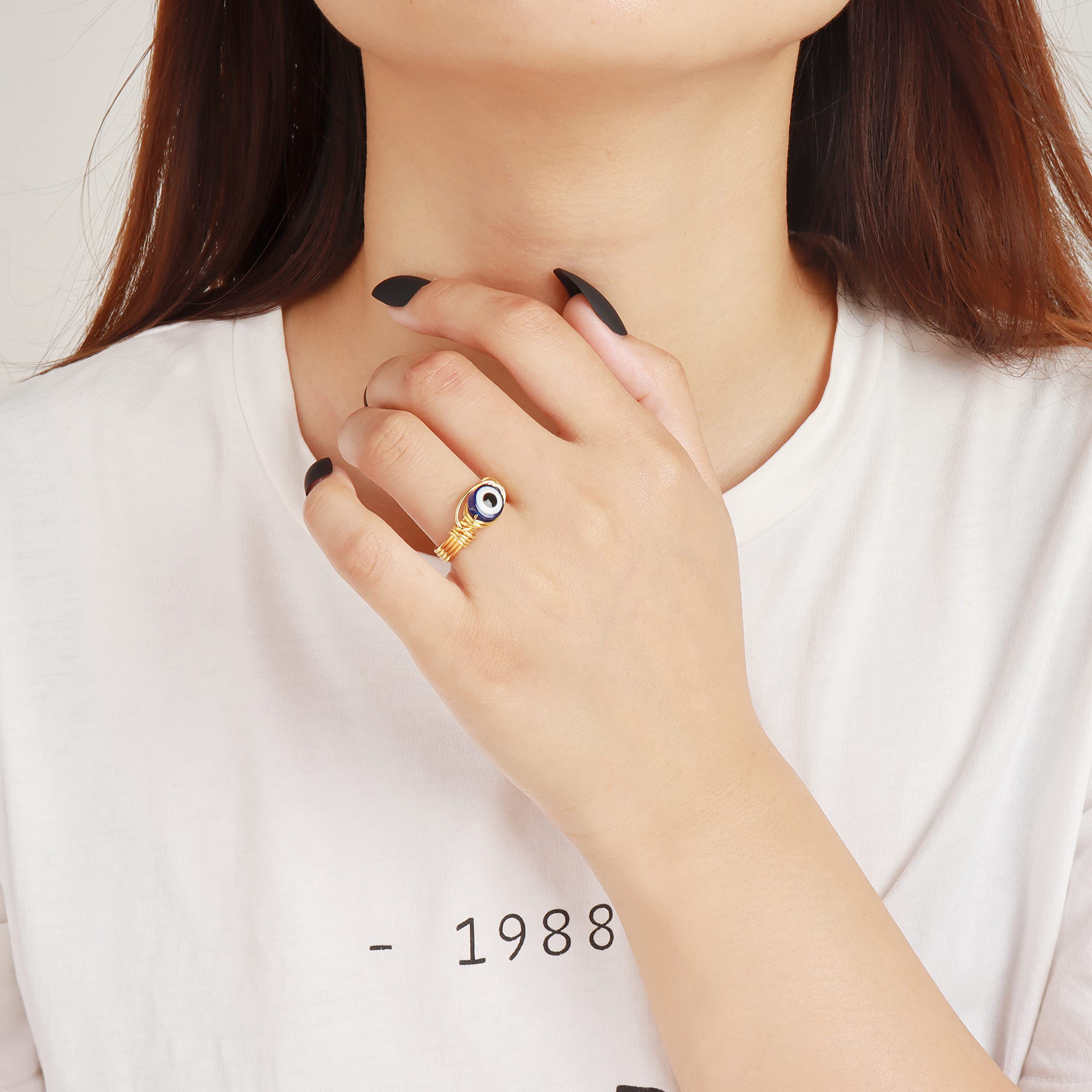 HUASAI Evil Eye Ring for Women - Gold Plated Blue Eye Protection Charm Jewelry, Mal De Ojo Ring for Good Luck & Positive Energy | Gift for Girlfriend, Birthday, Spiritual Healing Accessory