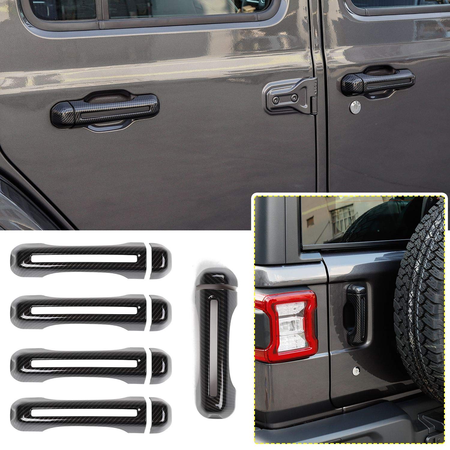CheroCar JL JT Door Handle Inserts Cover Kit & Tailgate Handle Cover for 2018-2021 Jeep Wrangler JL JLU & 2020-2021 Jeep Gladiator JT - Black Carbon Fiber Grain Exterior Accessories - Upgrade Your Off-Road Vehicle's Style & Protection