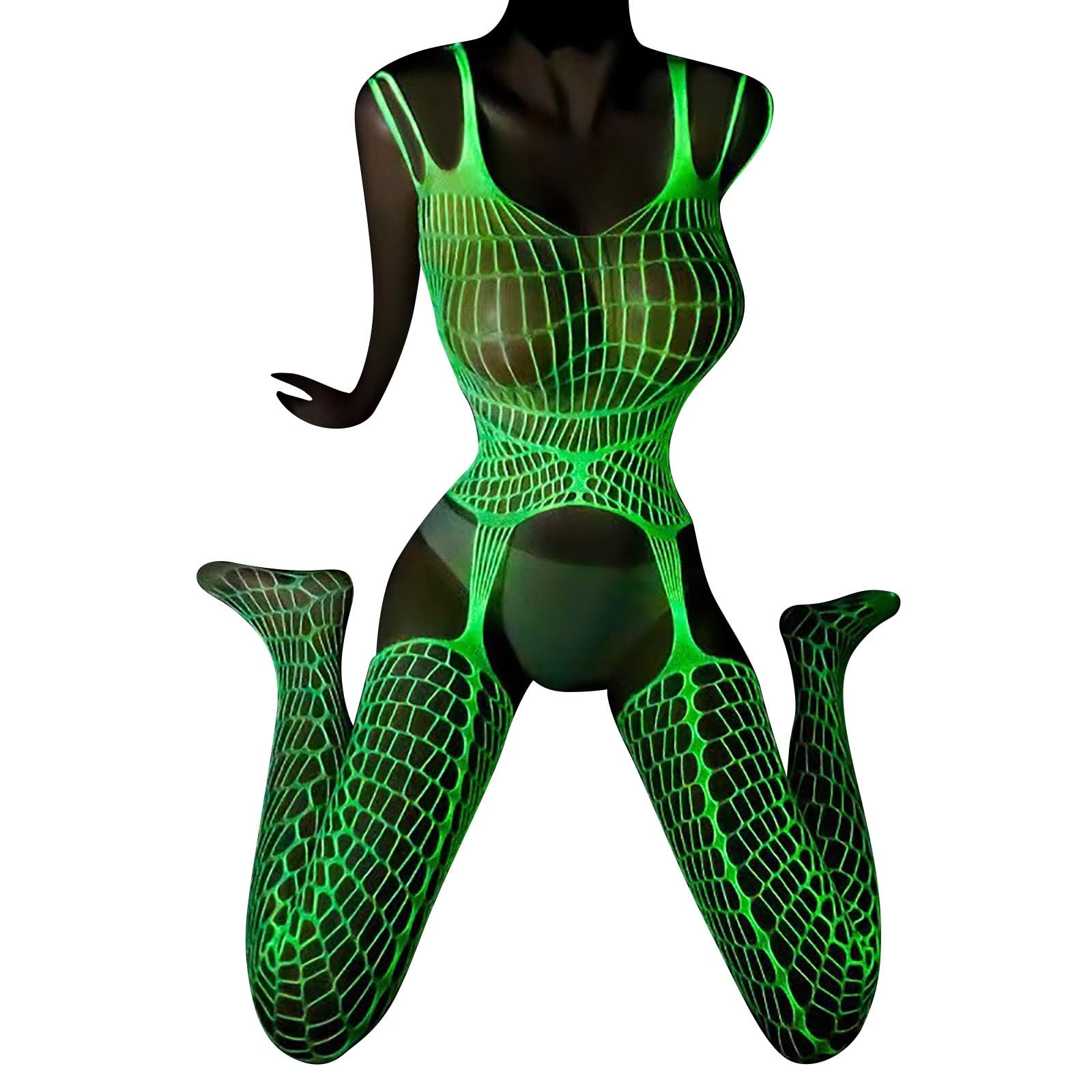 YuzRong Women's Glow in The Dark Reflective Fishnet Stockings - Sexy Hollow Out Open Front Leggings for Lingerie, Babydoll Costume & Nightwear | Perfect for Valentine's Day, Boudoir Photoshoots and Sensual Evening Wear