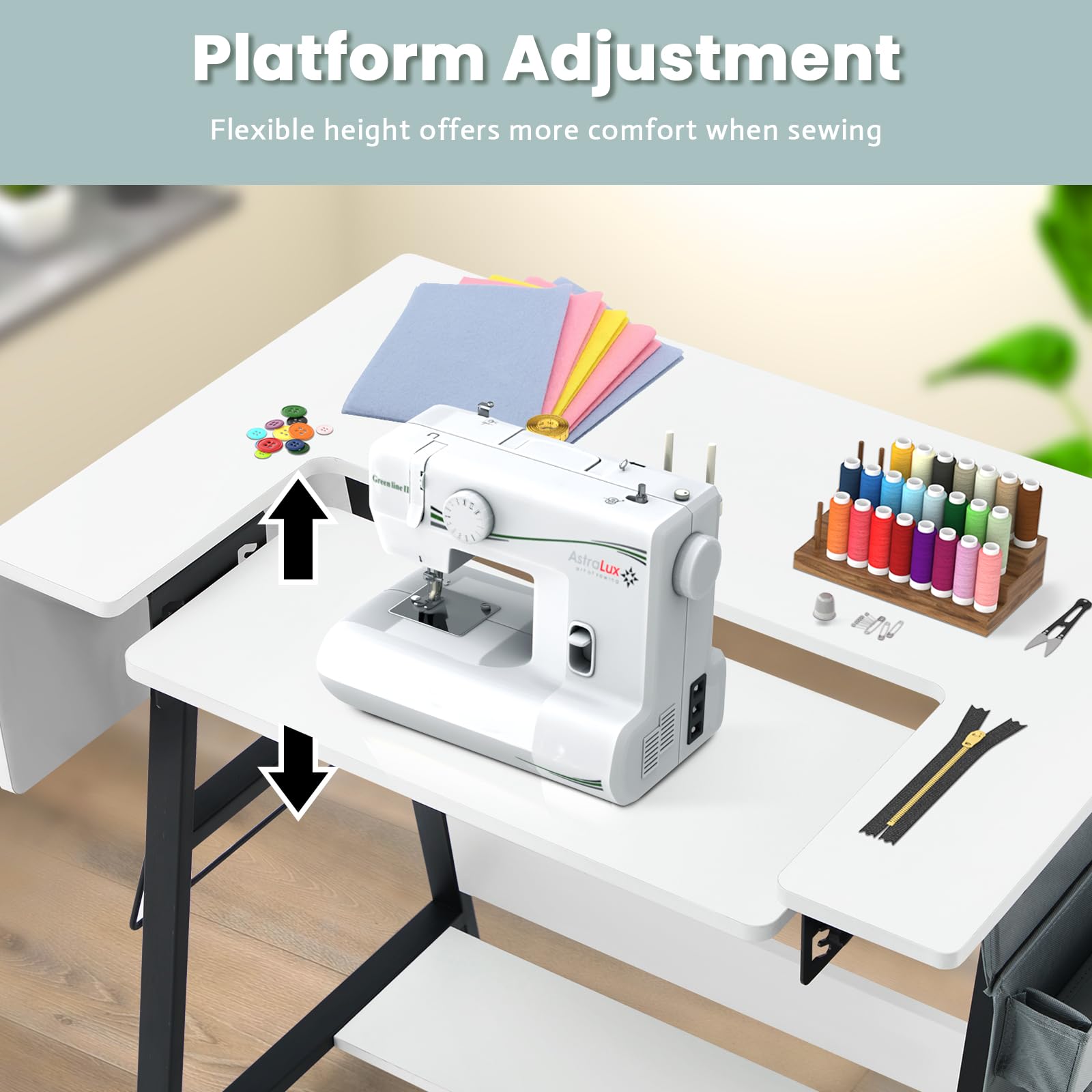 MELLCOM Folding Sewing Table with Adjustable Shelf & Side Pocket - Multi-Purpose Craft Table for Sewing Machines, Hobby Work & Computer Use - Compact White Workstation for Home Office & Craft Room