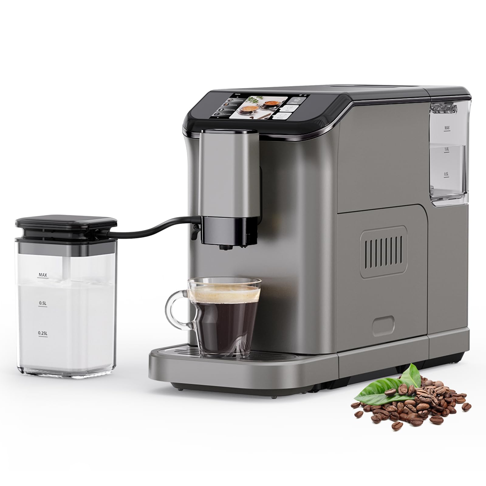 Premium 20 Bar Fully Automatic Espresso Machine with Auto-Cleaning, Milk Frother & LCD Touch Panel - Double Boiler Coffee Maker for Home & Office Use - Perfect for Cappuccino, Latte & Espresso Lovers (Gray)