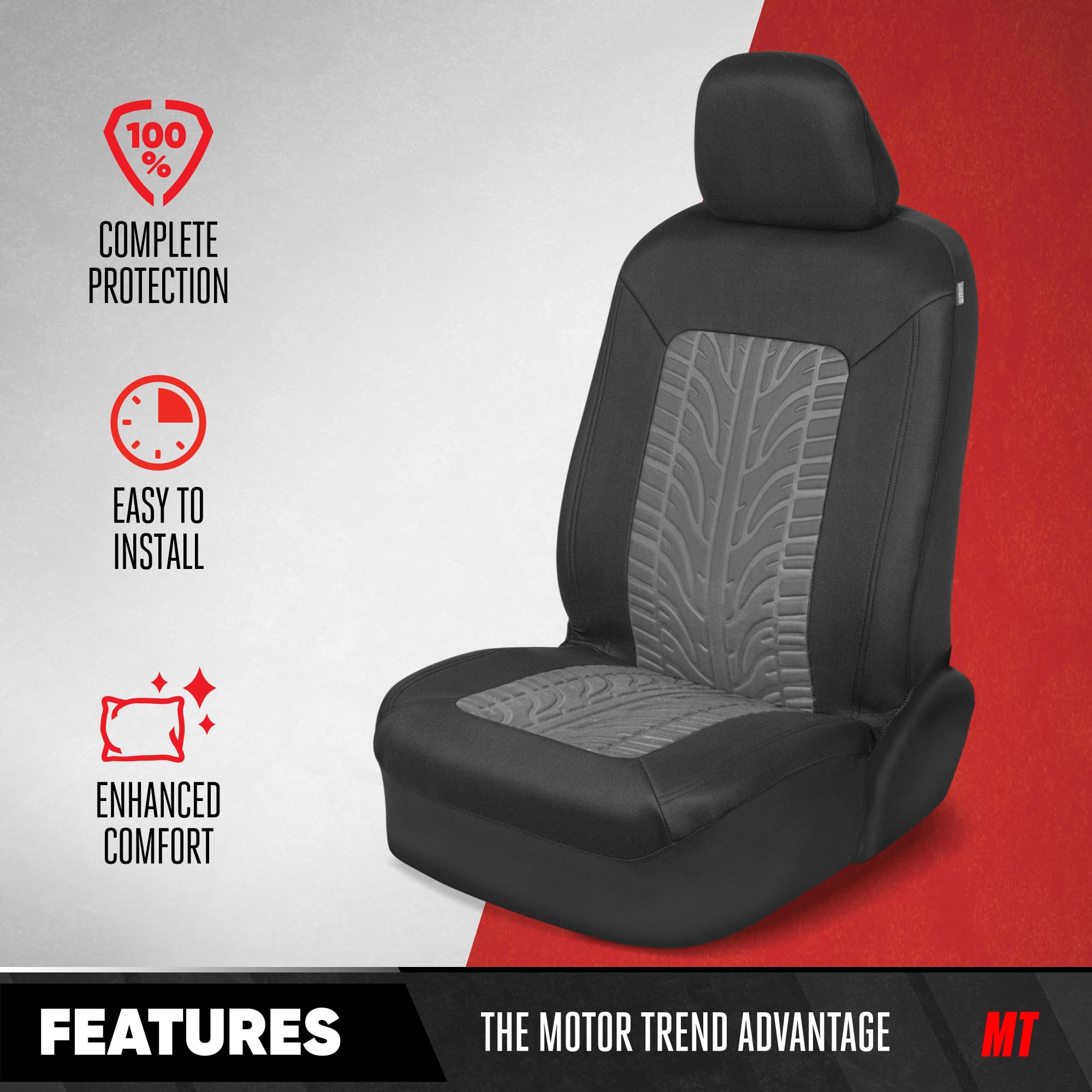 Motor Trend GrandPrix Car Seat Covers 2-Pack - Gray Tire Tread Embossed Front Seat Protectors for Cars, Trucks, Vans & SUVs | Durable Automotive Interior Accessories for Daily Commute & Road Trips