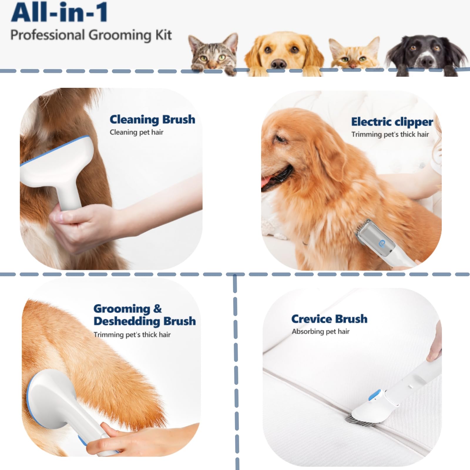 5-in-1 Pet Grooming Kit with Powerful 99% Hair Suction Vacuum - 1.5L Dust Cup Dog Brush & Low Noise Hair Remover - Includes 5 Professional Grooming Tools for Dogs & Cats - Perfect for Home Pet Care & Shedding Season Maintenance