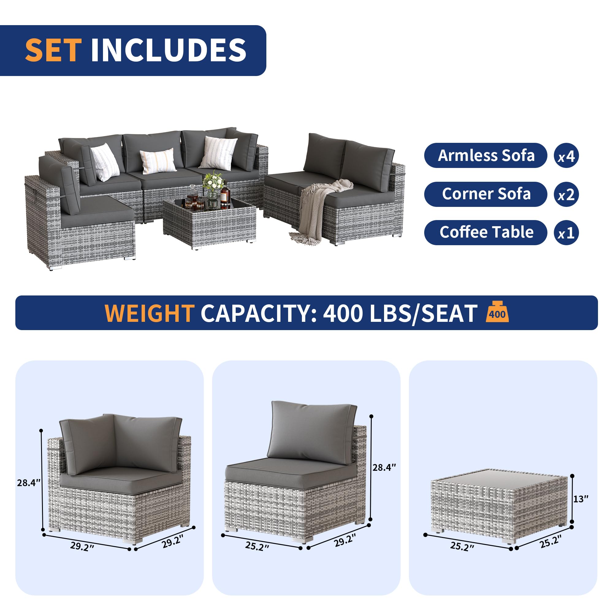 7-Piece Outdoor Patio Furniture Set with Waterproof Cover - All-Weather Wicker Sectional Sofa Conversation Set for Backyard, Garden or Poolside (Grey with Grey Cushions) - Perfect for Outdoor Entertaining, Relaxing and Family Gatherings